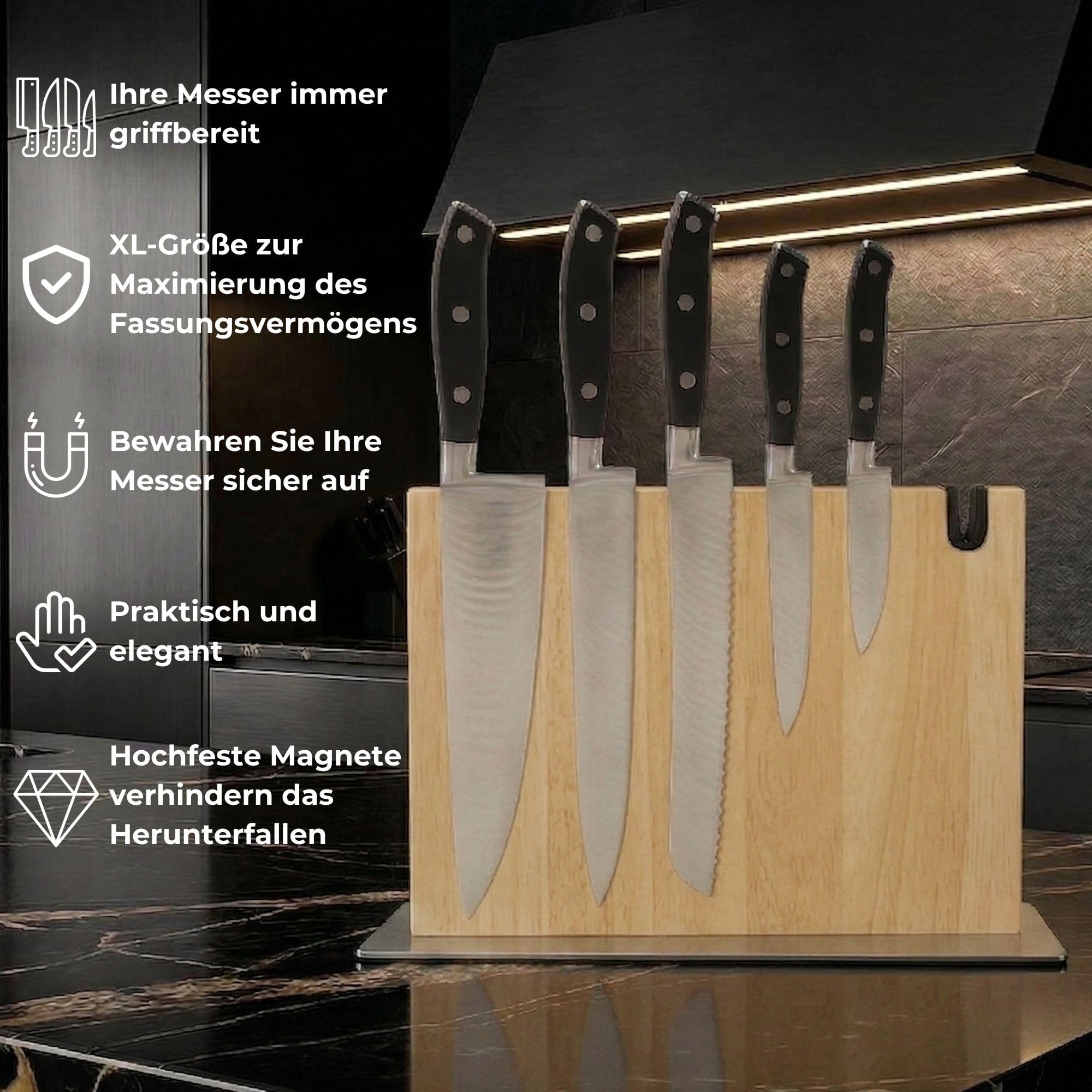 Magnetischer messerblock XL aus Holz mit Messerschärfer. Universal Messerhalter magnetisch ohne Messer mit Stahlsockel. Messerblock ohne Messer magnetisch aus Holz. Magnetmesserhalter. (Eiche)