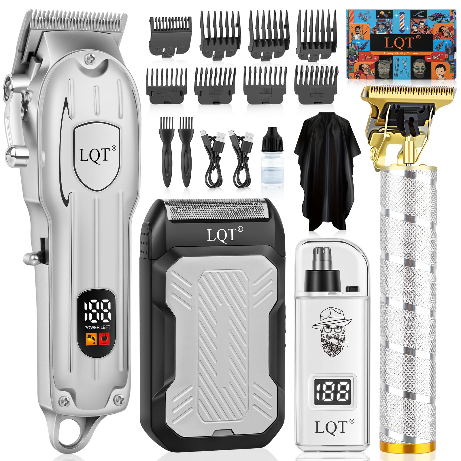 Haarschneidemaschine für Männer mit LED-Display, 4-teiliges schnurloses Pflegeset mit Haarschneidemaschine, Bartschneider, Folienrasierer & Nasentrimmer, Komplettset für den Heimbarber