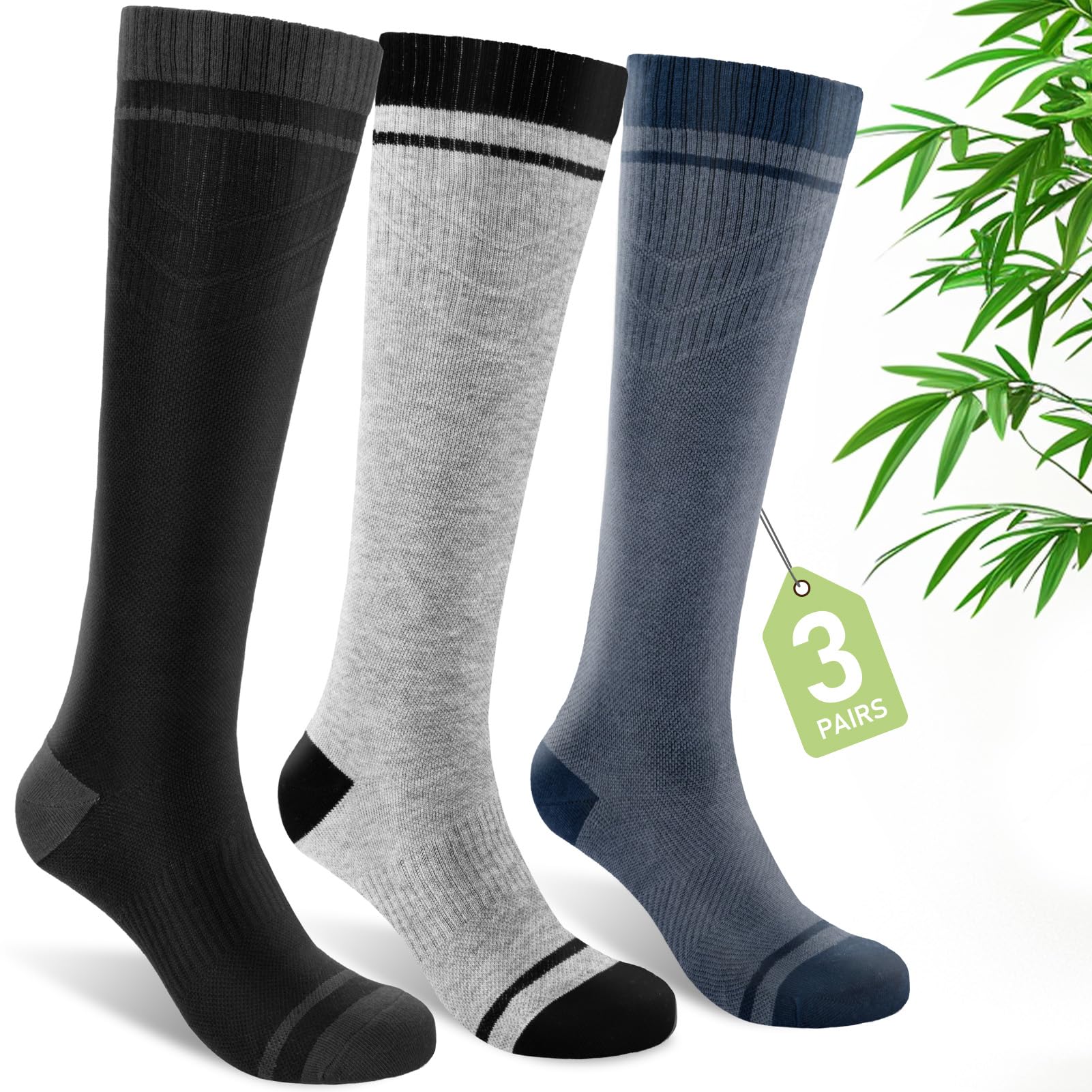 SONORAN Bamboo Viscose Compression Socks for Women Men 3 Pairs 15-20 mmHg Knee High Support for Nurses Travel