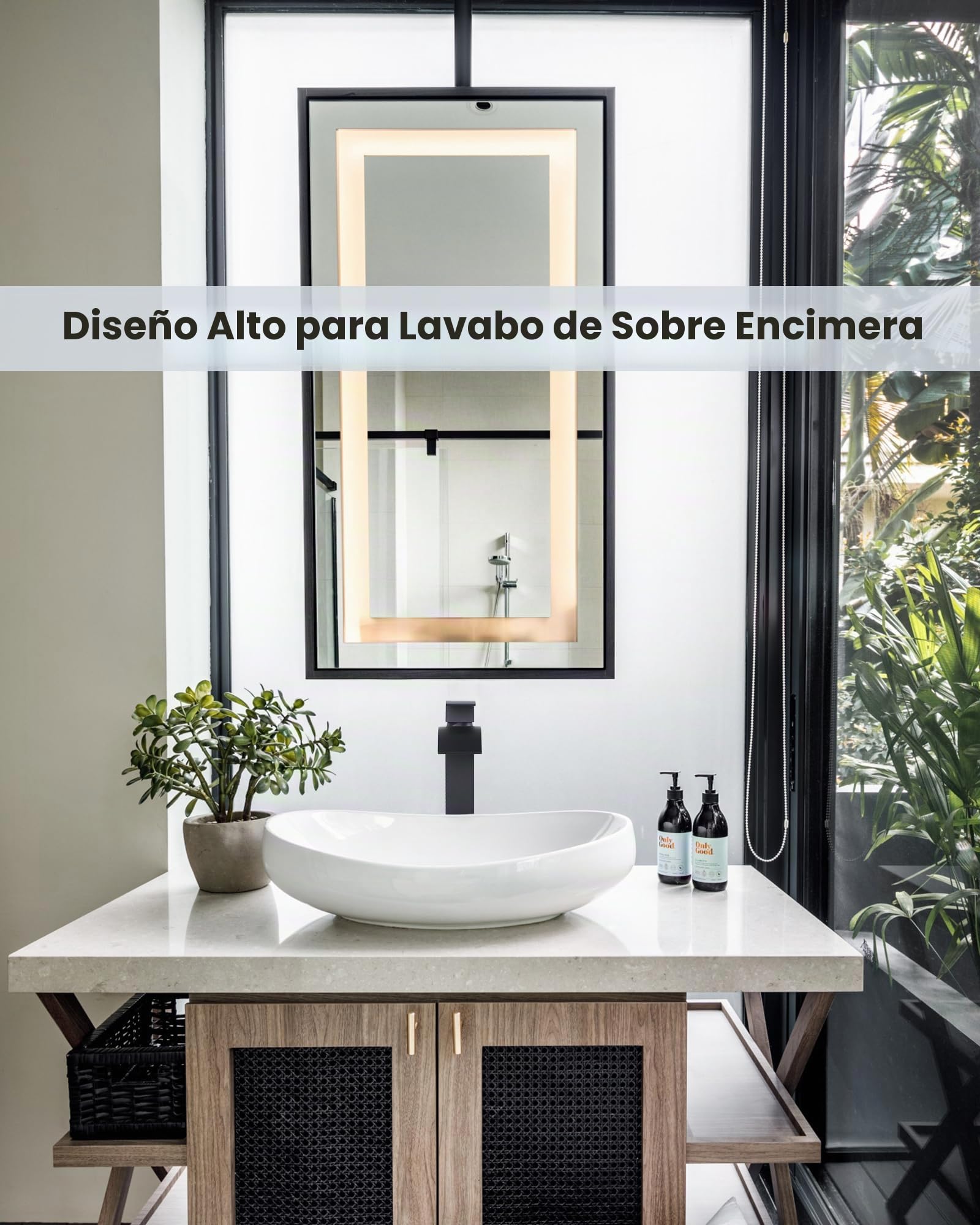 Grifo de cascada para baño negro, mezclador de lavabo monomando de acero inoxidable. Altura de salida 224 mm. Grifo de lavabo para 1 orificio, mezclador de recipiente con mangueras de agua de 60