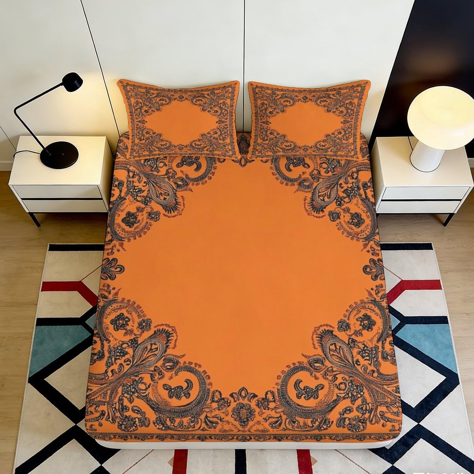Pnayamiorkfel Style-4 3D Printed Paisley Ornate Fitted Sheet Microfiber Soft Orange Baroque Bed Cover For Bedroom Decor Mattress Protection 90X200x25cm