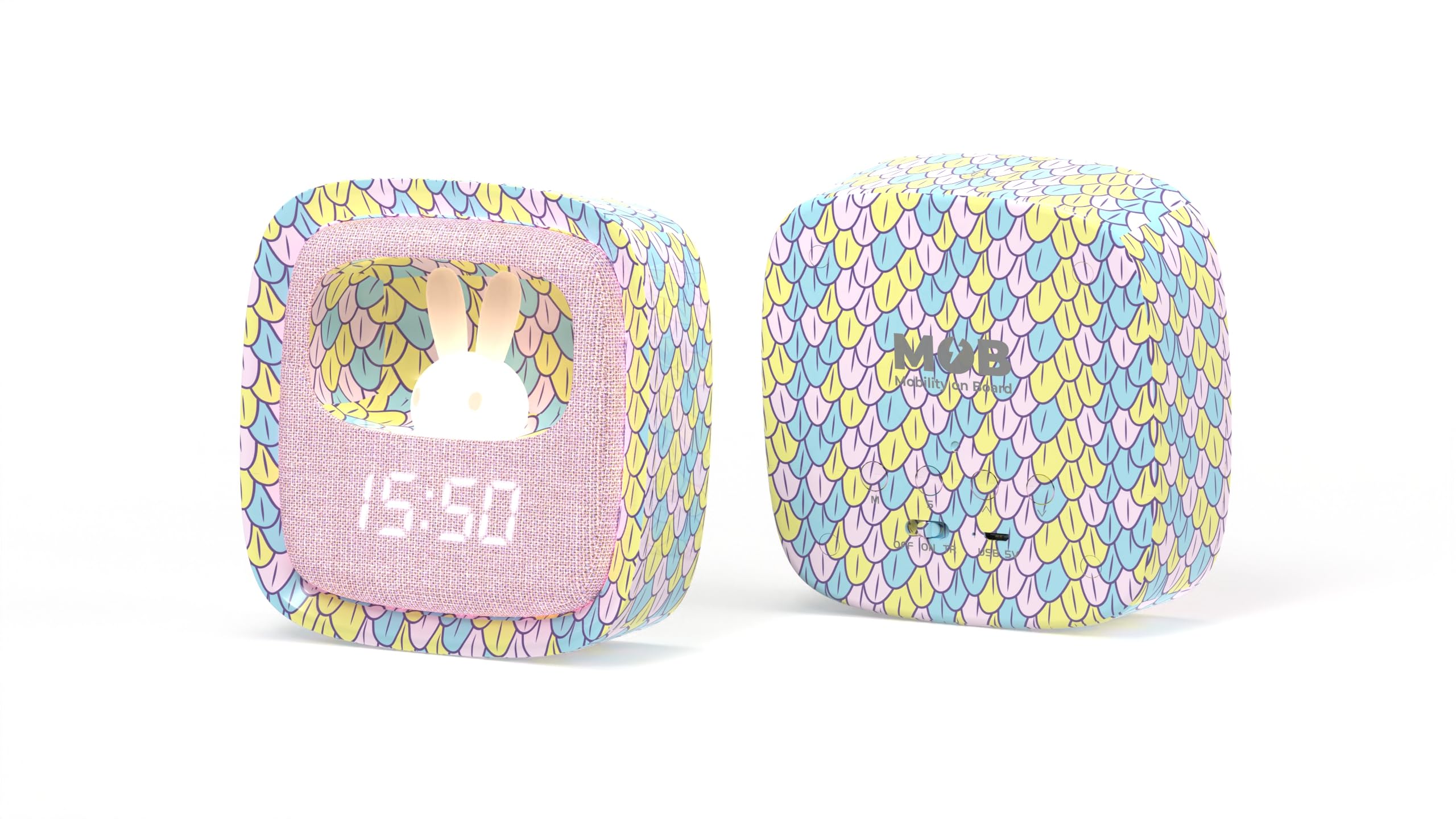 MOB – MOBILITY ON BOARD Billy Clock Sveglia e luce notturna per bambini Sirena arcobaleno - Motivo coniglio - Cornice in plastica morbida - Data, ora e 3 impostazioni di sveglia