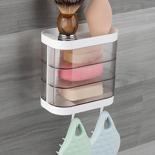 Miniatura 2 de Linkidea Jabonera de 3 capas montada en la pared con 2 ganchos, soporte de jabón giratorio de 180 grados, estante organizador de almacenamiento