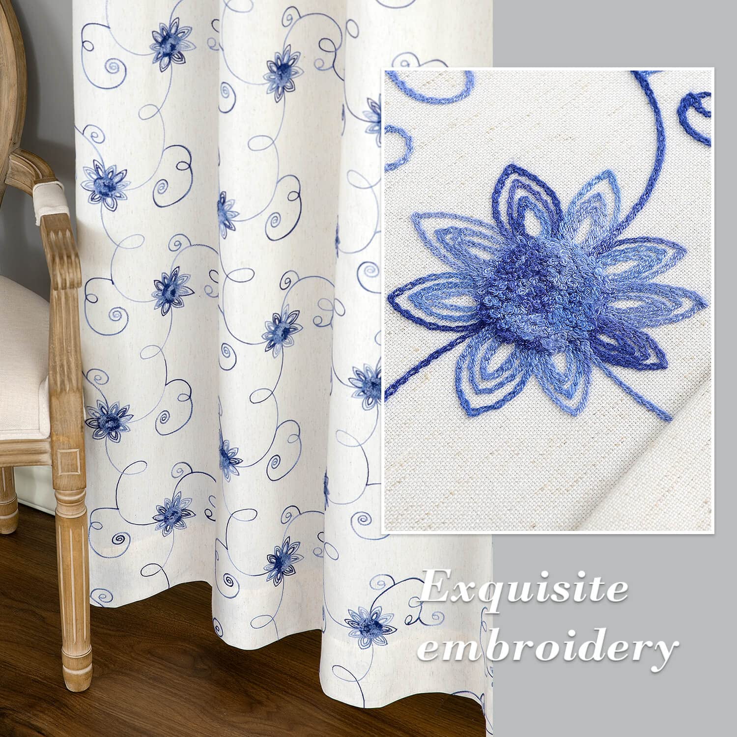 VOGOL Curtains 96 Inches Long, Blue Floral Embroidered Elegant Window Treatments for Dining Room Girls Room, Top Grommet, 2 Pieces