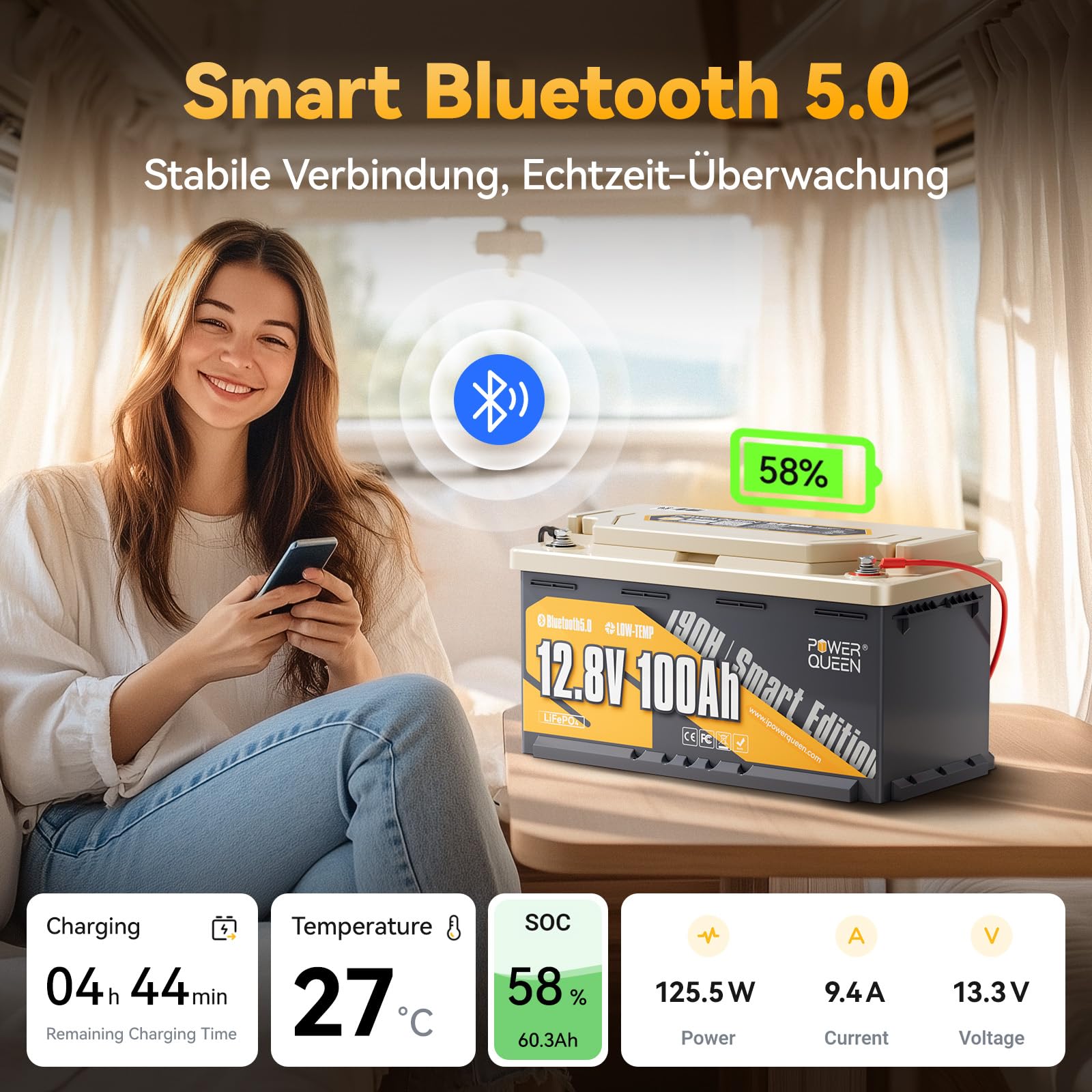 Power Queen LiFePO4 bateria litowa 12V 100Ah Bluetooth H190, DIN H8 L5, bateria głębokocyklowa 1280Wh z systemem BMS 100A i ochroną przed niskimi temperaturami, idealna do kamperów, kempingu, przyczep