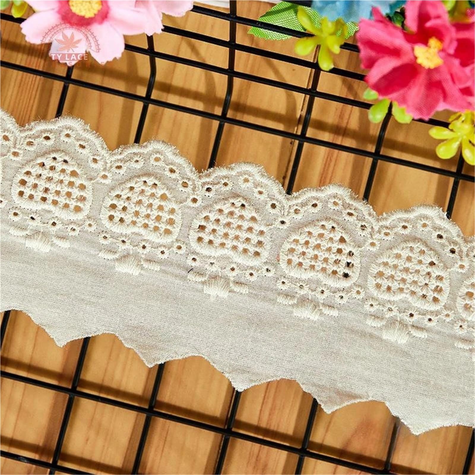 Cinta De Encaje De Algodón Con Ojales Adorno de encaje bordado algodón puro, 5 yardas, 6CM, ropa mujer, vestido, accesorios tela for costura Diy(Beige,14.5-15Yards)