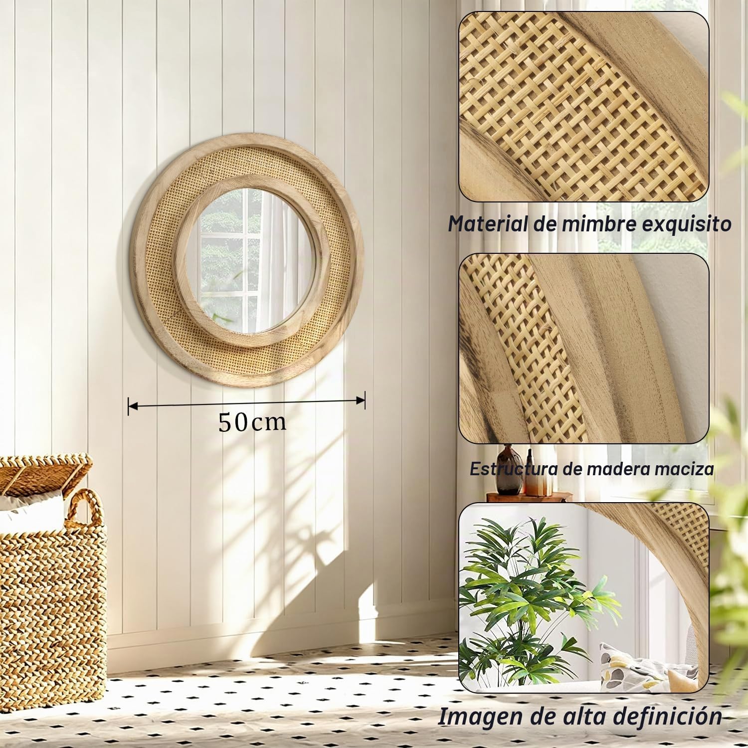 JJUUYOU Marco de Madera, Espejo de Madera, Espejo Redondo para Paredes, Espejo Colgante Circular de 50 cm, Ideal para Salas de Estar, baños, mesas de tocador, entradas y pasillos, marrón