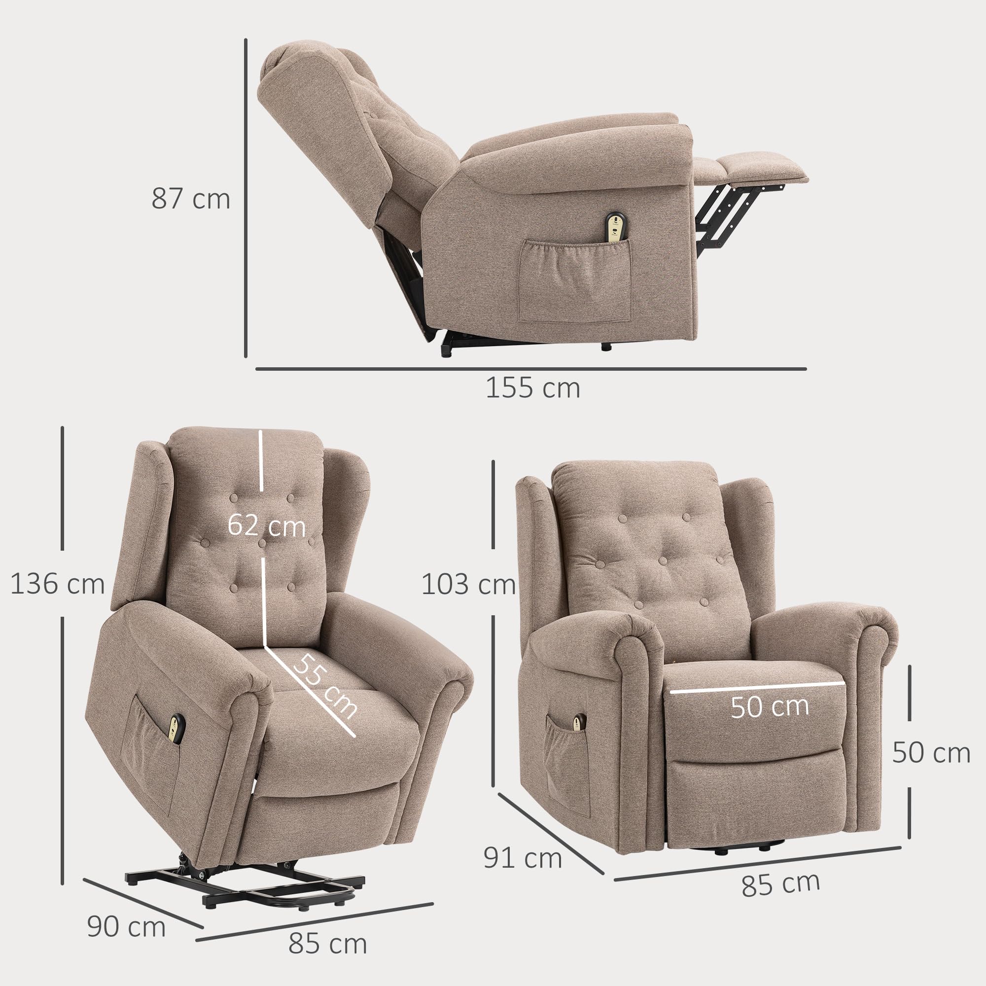 HOMCOM Sillón Relax Reclinable Eléctrico Levanta Personas Sillón Elevador con Respaldo Alto Capitoné Control Remoto Tapizado en Lino y Bolsillos Laterales Marrón Claro