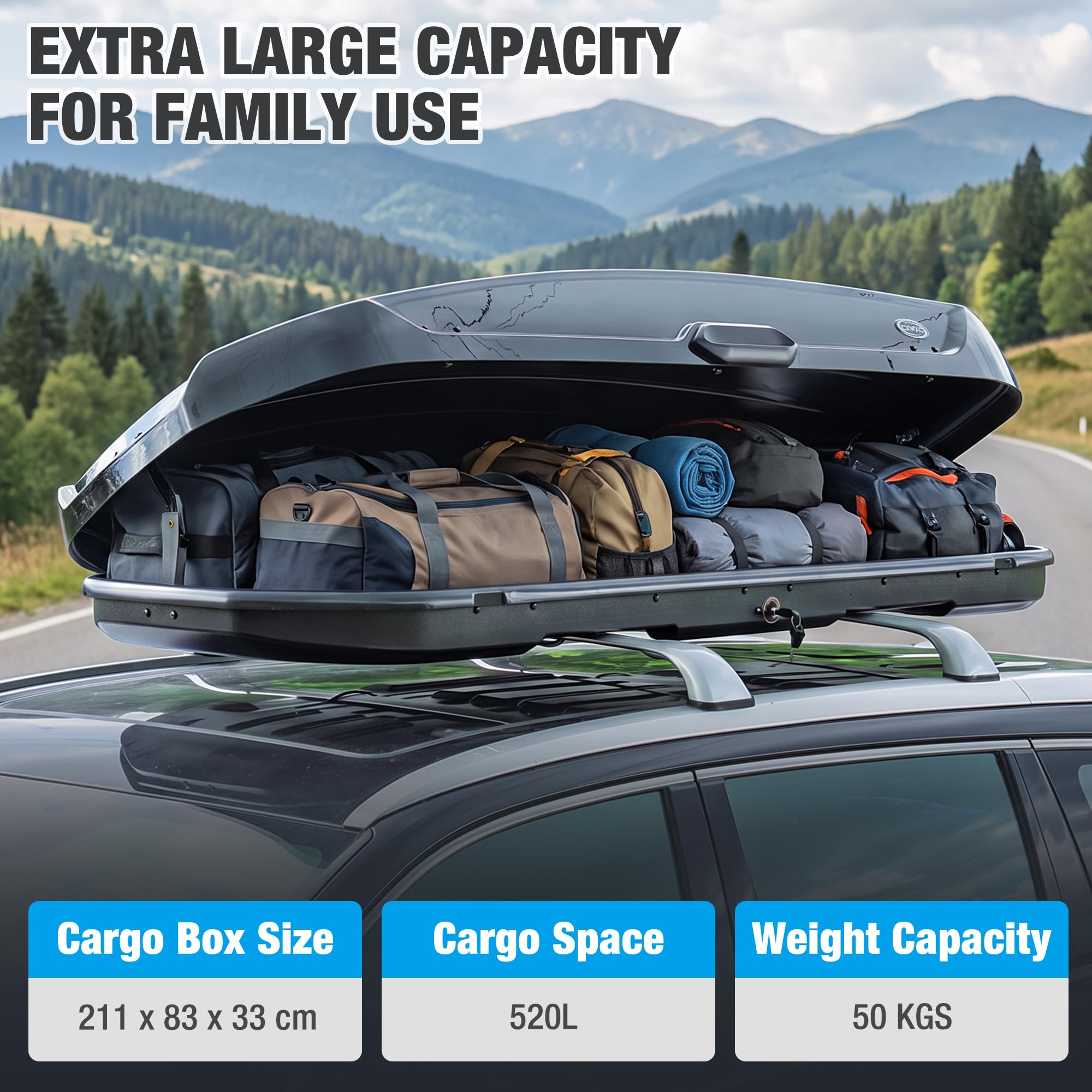 CXWXC Dachbox 520L, Dachkoffer für Auto, beidseitig zu öffnen, abschließbar, wasserdicht, Hartschale aus ABS, Dachgepäckträger für SUV, Van, Kombi & Pkw (XXL)