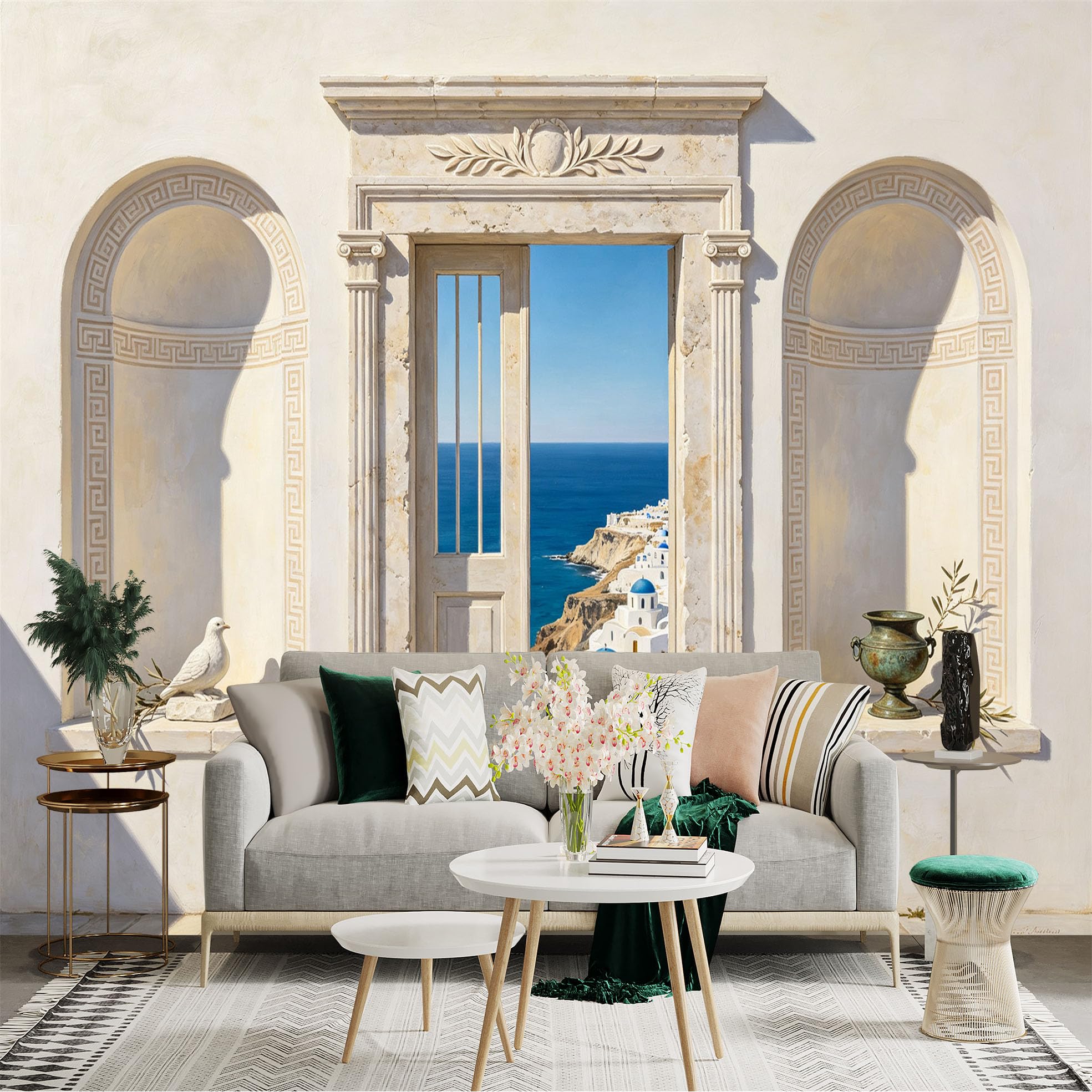 Custom Size Wall Sticker Mural， Mediterranean Coastal View， Stone Archway and Blue Sea， for wall Decoration， peelandstick wall Decals.
