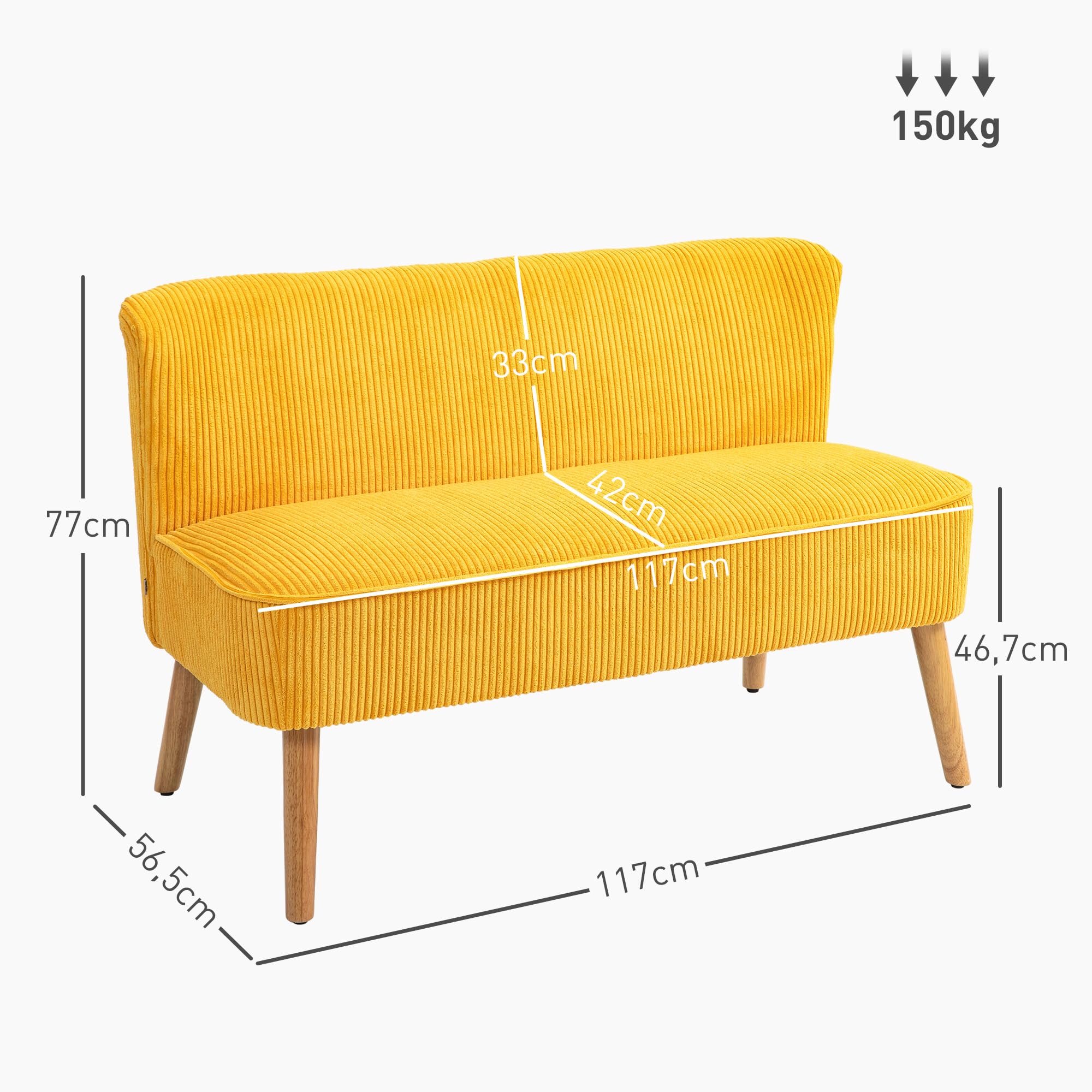 HOMCOM Sofa 2 Sitzer Couch, Kleine Loveseat mit Cord-Optik Modern Polstersofa für Wohnzimmer, Schlafzimmer, kleinen Raum, Gelb 117 x 56,5 x 77 cm