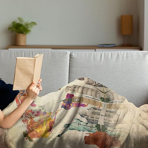 Miniatura 4 de Lunarable Manta de viaje, Landmarks of The World 7 Wonders Europa, Asia y América, mapa abstracto, moderna, de franela, forro polar, funda de sofá