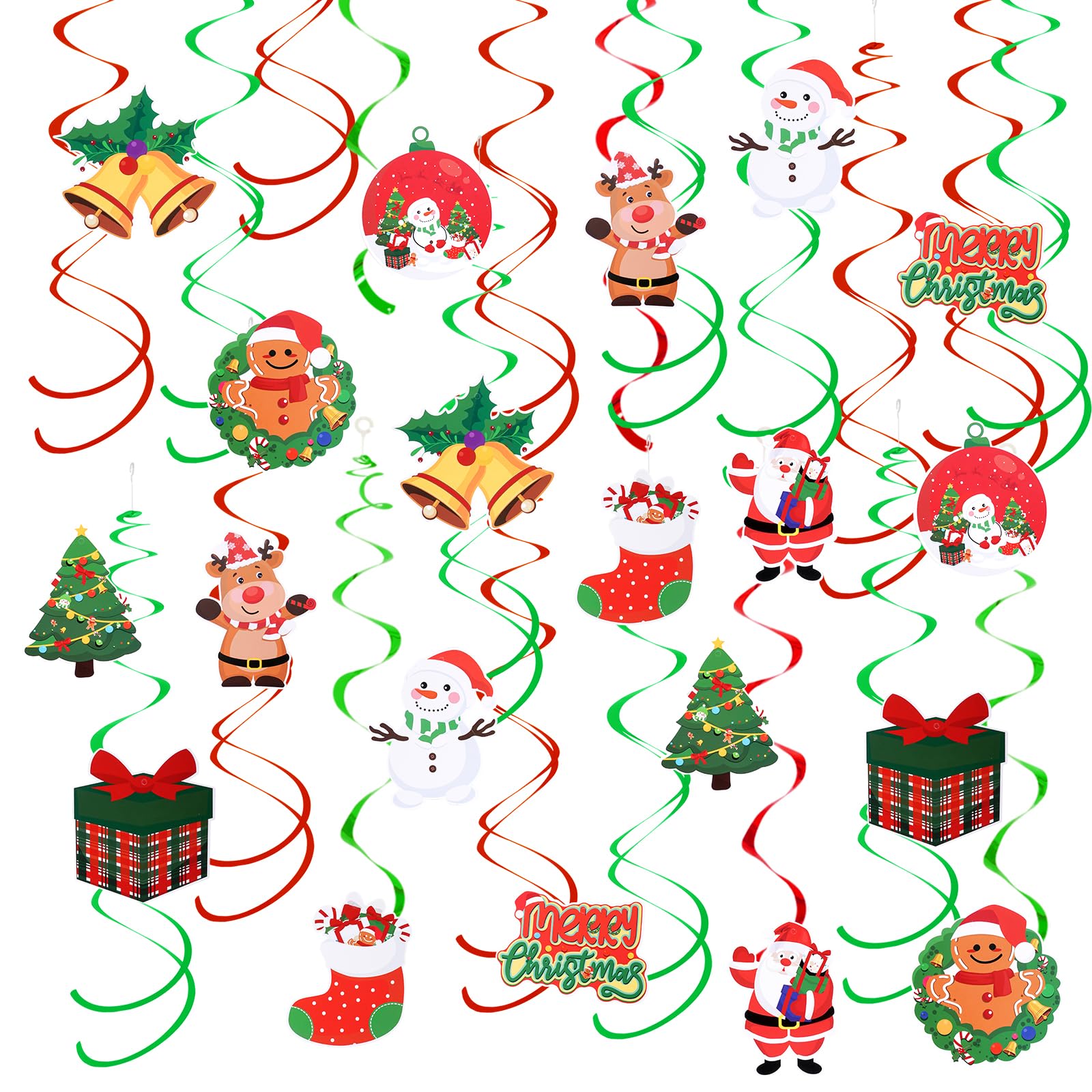 Sucrain Christmas Hanging Foil Swirl Decorations Set Holiday Hanging Swirls Ceiling Decorations Santa Snowman Elk Sign Holiday Christmas Party Supplies