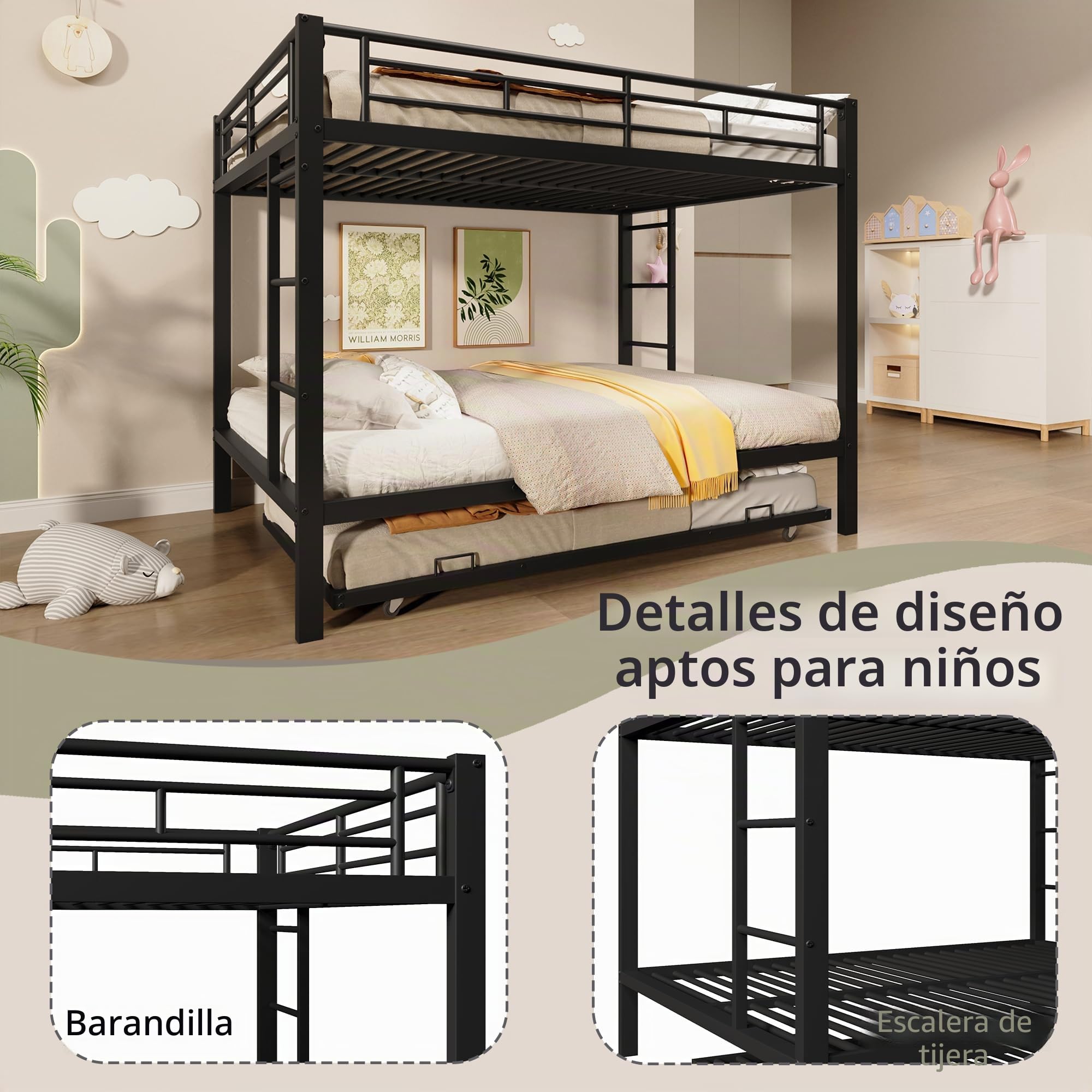 Litera de 140 x 200 cm, marco de hierro con rejillas laterales y escalera de seguridad, permitida con cama nido, para habitaciones infantiles o dormitorios para adultos, sin colchón (negro)