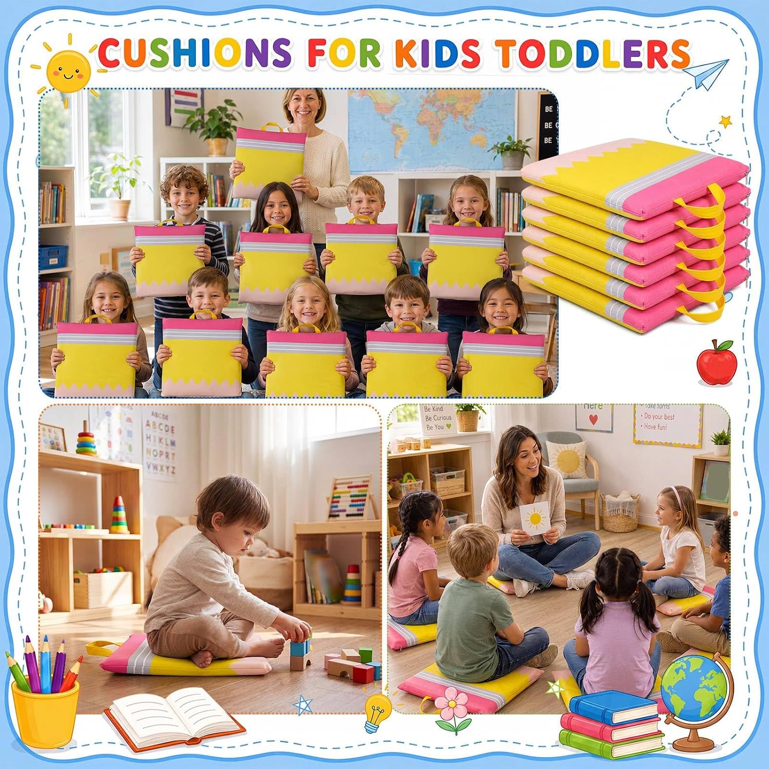 Beeveer 24Pcs 12'' Floor Cushions with Handle for Kid Classroom Flexible Seating Square Floor Pillow Waterproof Cushions Seating for Toddlers Daycare Nursery Preschool School Home(Yellow,Pencil)