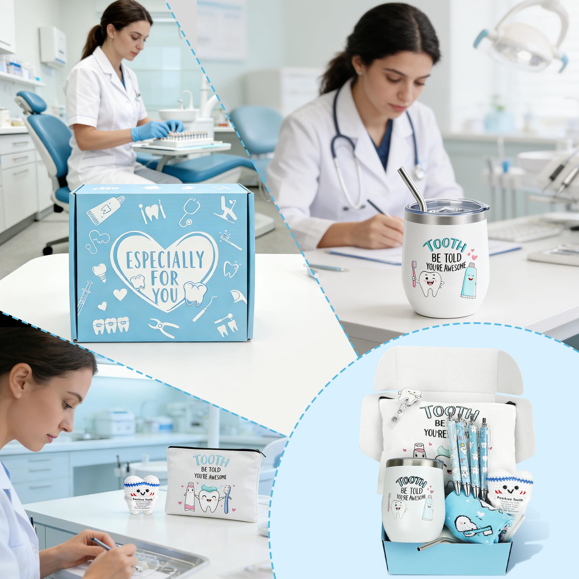 Dentist Gifts for Women Unique Dental Assistant Gifts Funny Dental Hygienist Gift Including Tumbler Mug Socks Badge Reel Holder Makeup Bag Ballpoint Pen Crochet Teeth for Birthday Christmas