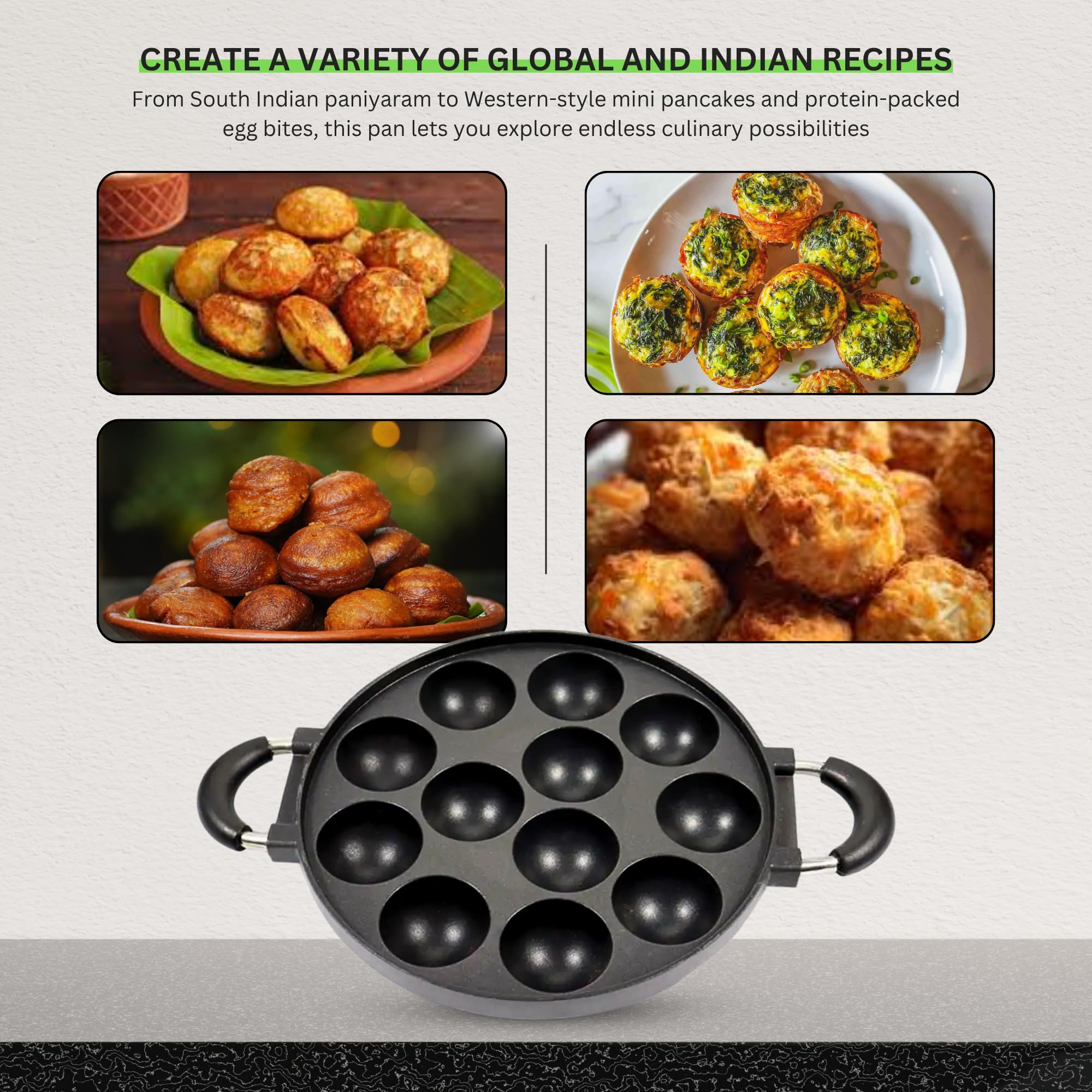 HomeEssentials Appam Pan - 12 Pit/Cup Appe Maker | Pre-Seasoned | Pan for Mini Pancakes, Litti, Potato Balls & Stuffed Snacks | Appe Paniyarakkal | Ergonomic Handle (28cm, Aluminium) (Grey) 3