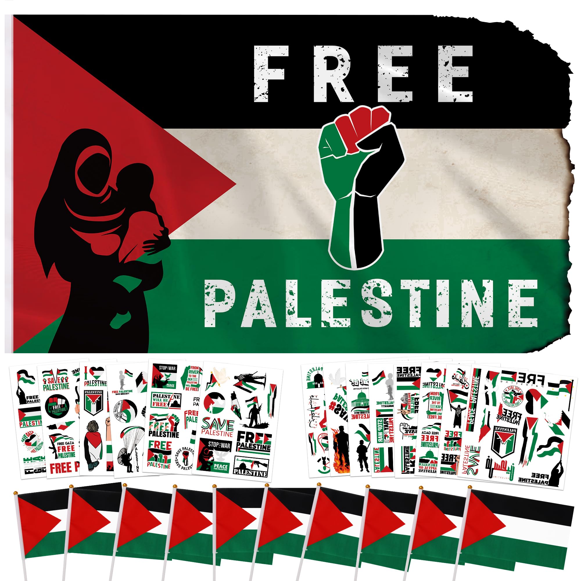 Joyful Start Palestine Flag Set: 3x5 ft Flag, 10 Small Car Flags, 6 Stickers - Green, Perfect for Indoor/Outdoor Decoration, Car, Event, Party, Protests