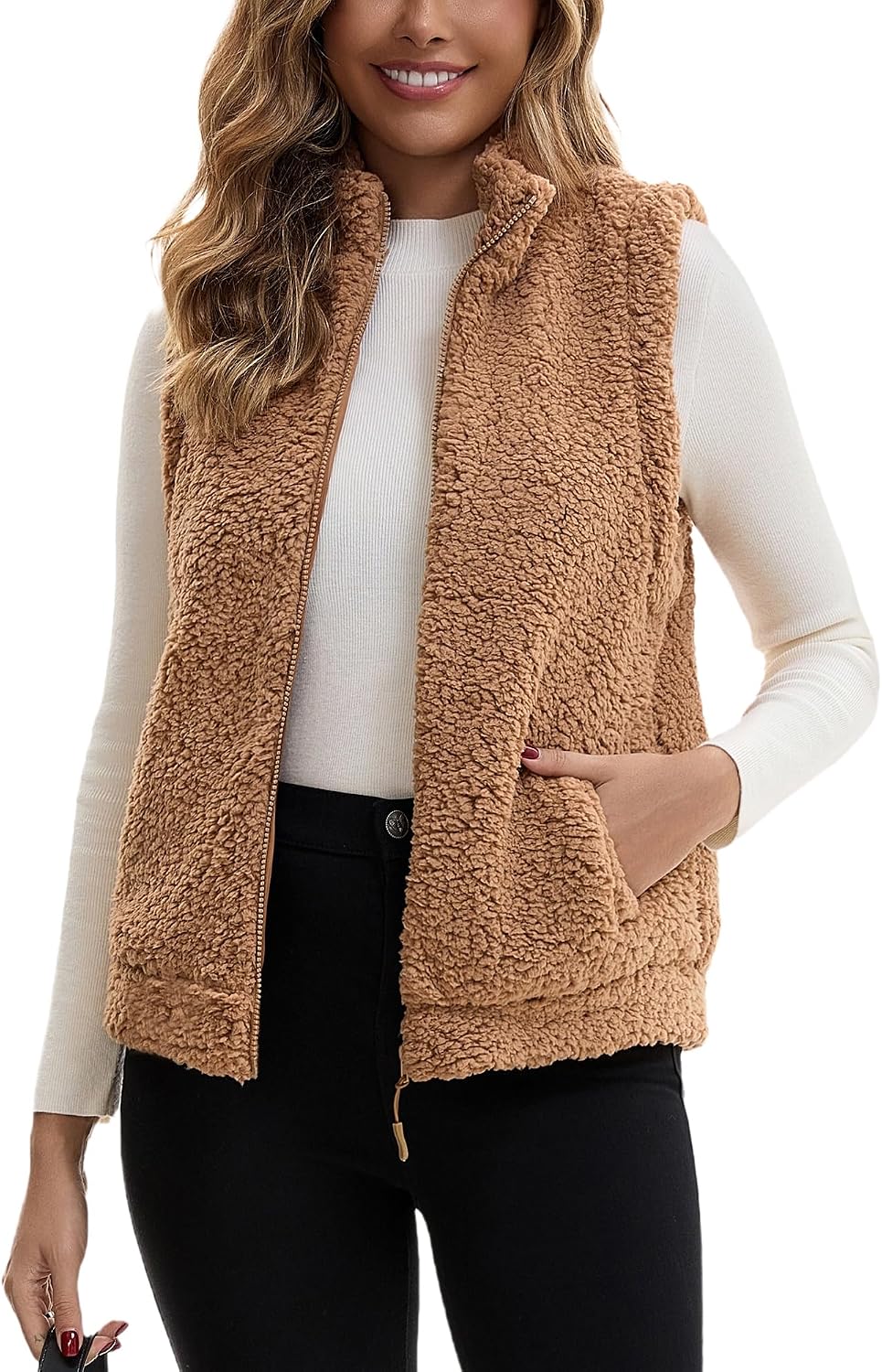 FEOYA Women Fleece Sherpa Vest Winter Fall Zip Up Vest Fuzzy Casual Sleeveless Outwear Jacket