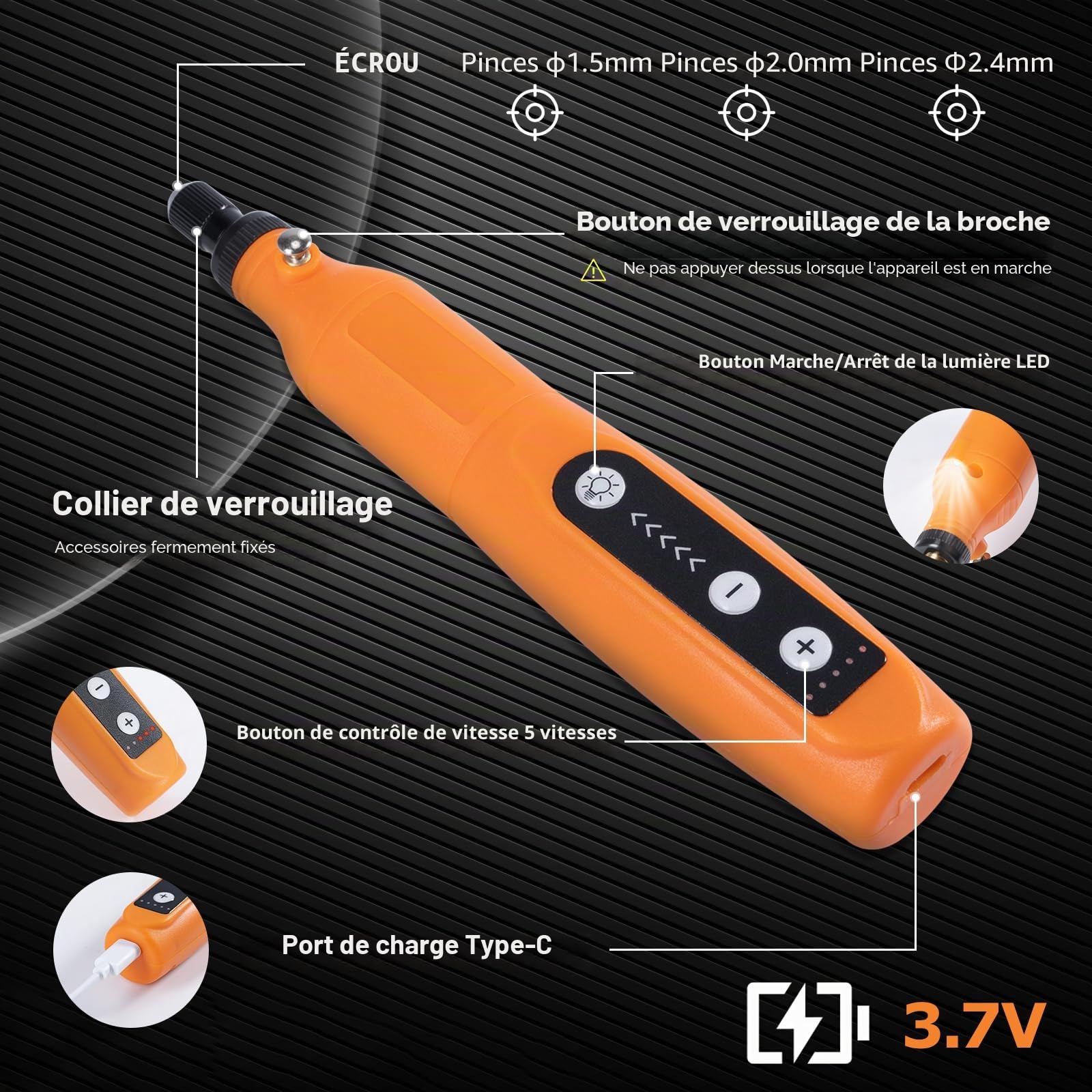 Outil Multifonction sans fil avec Lumière LED, Mini Perceuse 3 Vitesses (5000-15000 rmp), Mini Ponceuse kit 3,7 V avec 58 Accessoires pour Percer Graver Polir Poncer Dérouiller