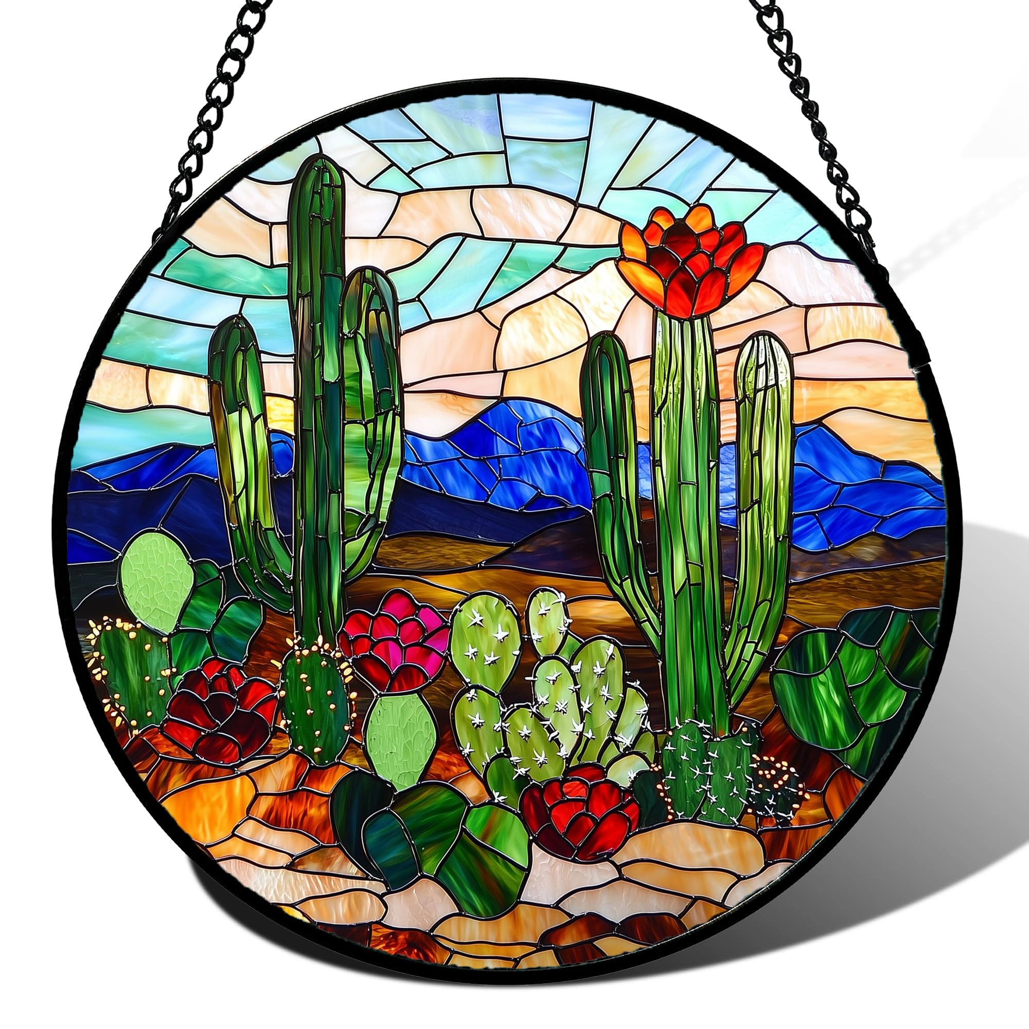 Stained Glass Window Hanging, Green Cactus Suncatcher for Doors Window Home Plant Landscape Sun Catchers Decoration Mother's Day Birthday Gifts for Women, Men, and Mom 6.3 in