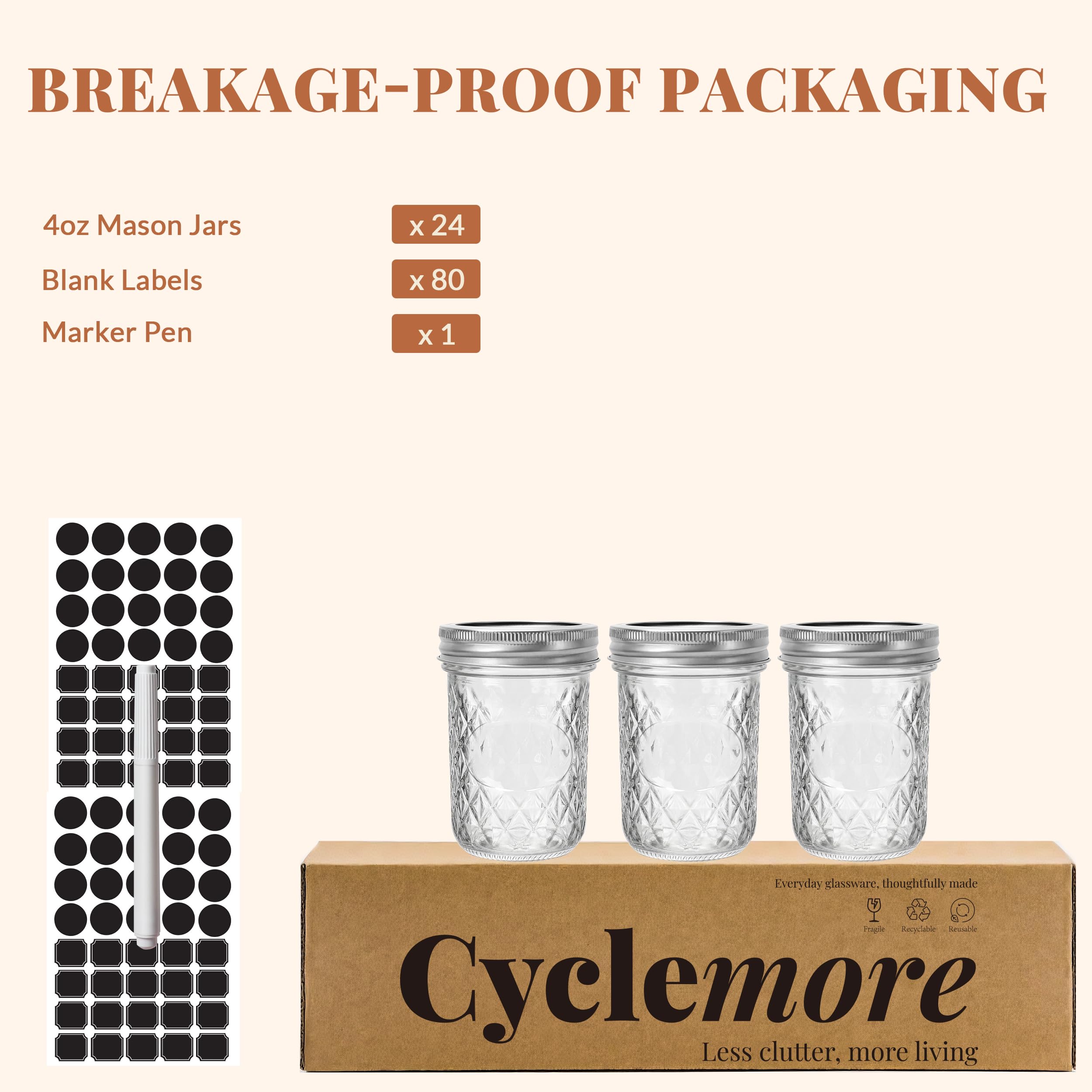 CycleMore Einmachgläser, 237 ml, 24 Stück, Einmachgläser mit luftdichten Deckeln und Bändern, ideal zum Fermentieren, Marmelade, Honig, Beizen, Hochzeit/Dusche, DIY-Dekorationen
