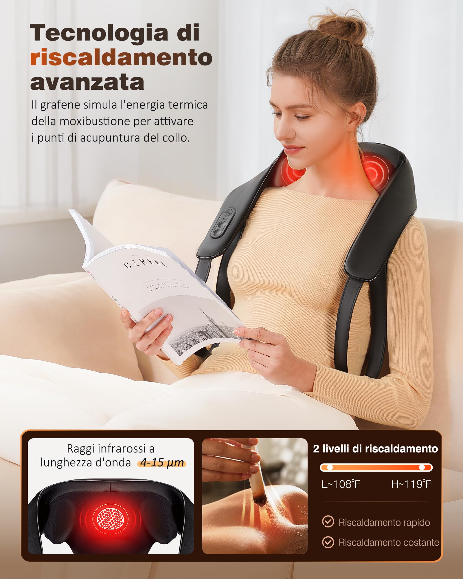 KNQZE® Massaggiatore cervicale senza fili, Massaggiatore schiena e collo ricaricabile, Massaggiatore shiatsu 4D con impastamento profondo, Riscaldamento al grafene potenziato, Regalo festa della mamma