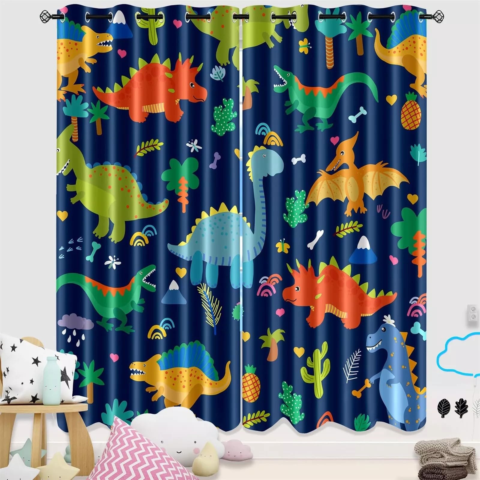 SMXVRC Dinosaur Blackout Curtain Cartoon Dino Tropical Plant Print Window Treatment Noise Reducing Room with Grommets Darkening Eyelet Curtain for for Kids' Bedroom W29.5 x L65.3 x 2 Panels