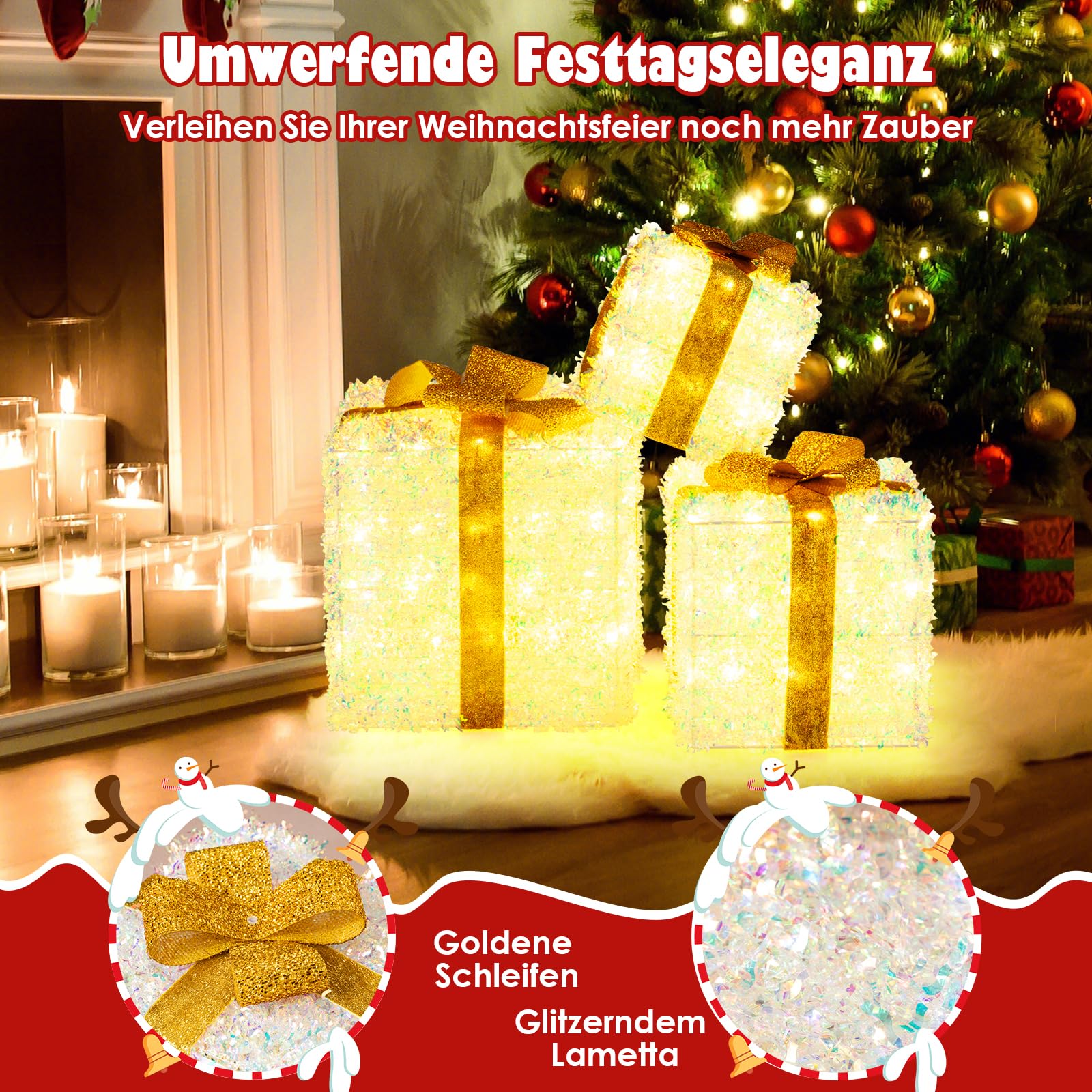 COSTWAY LED Geschenkbox 3er Set, beleuchtete Weihnachtsdeko mit 200 warmweißen LED-Lichtern, Weihnachtenbox mit goldenem Schleifen, Weihnachten Dekoboxen, Weihnachtsbeleuchtung für außen & innen