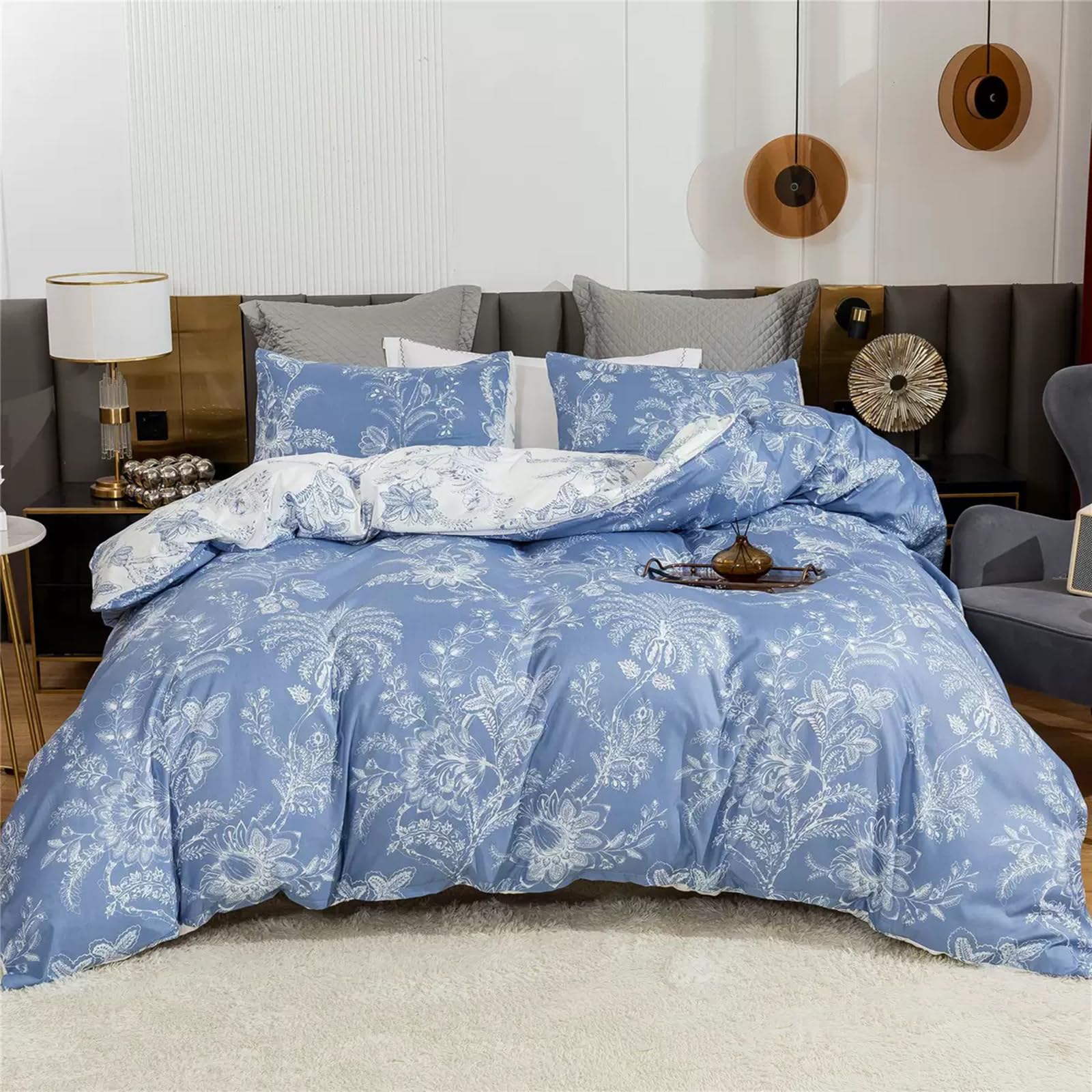 Single Duvet Cover Sets Sketch Blue Bedding Sets Floral Comforter Cover with 1 Pillowcase for Kids Boys Girls Reversible Hotel Quality Easy Care Super Soft Luxury Bedding Collections 135x200 cm