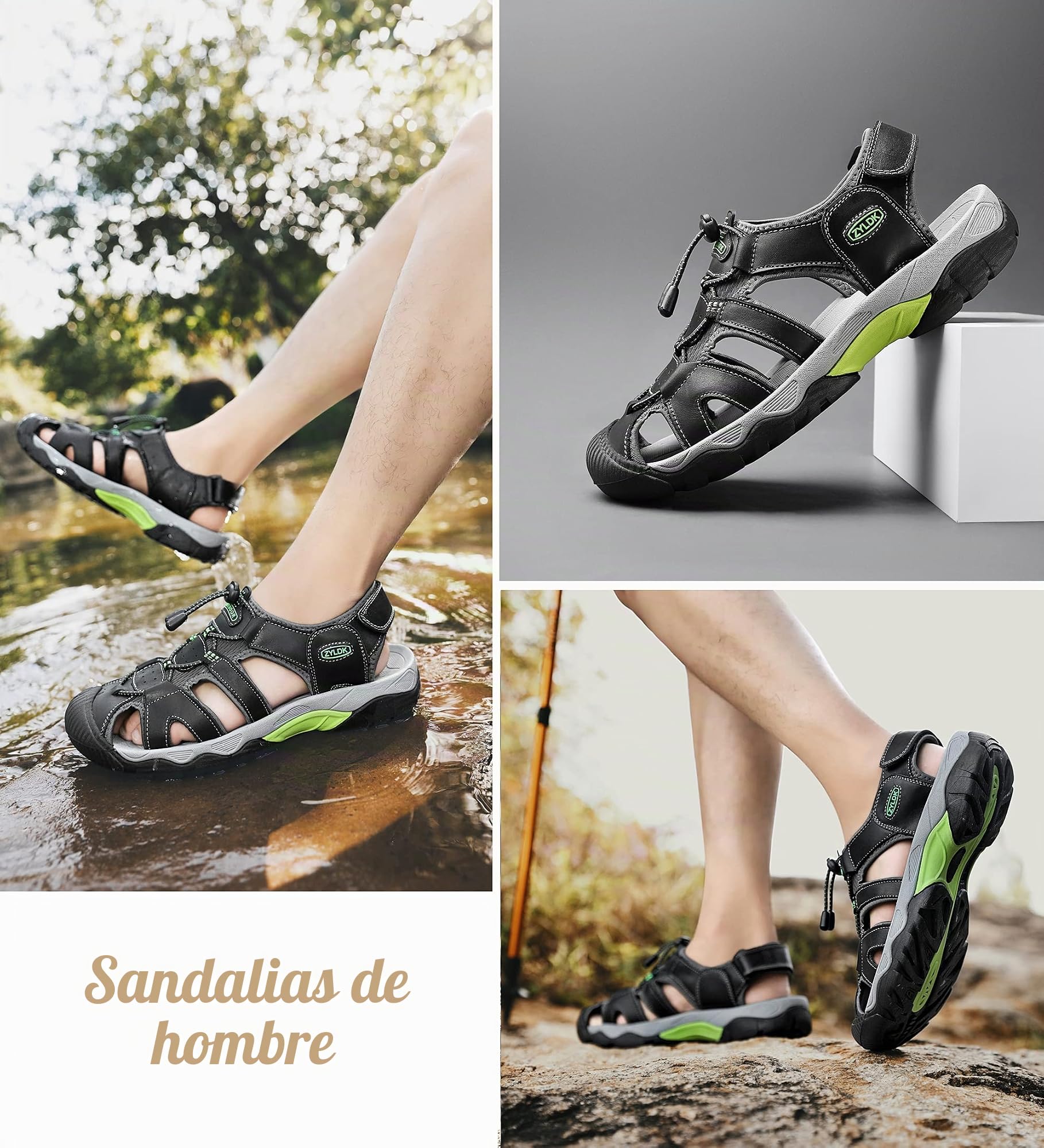 Sandalias Cuero Deportivas para Hombre de Verano Playa para Aire Libre Excursionismo Cuero Zapatos Velcro Zapatos Impermeables Playa