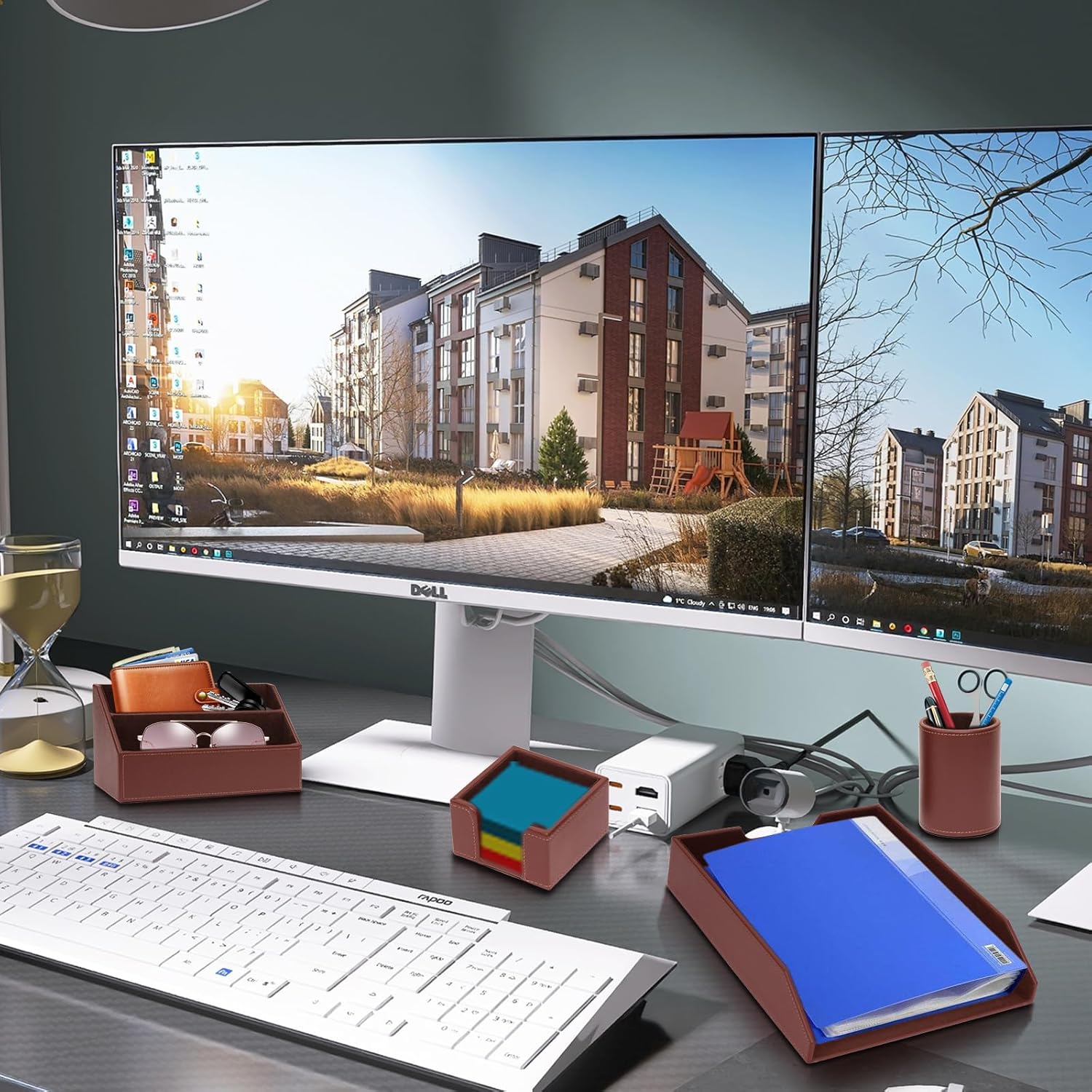 Office Supplies PU Leather 6-Piece Desk Organizer with Writing Pad, Letter Tray, File Folder Sorter, Pen Cup, Note Holder, Business Card Holder - Brown