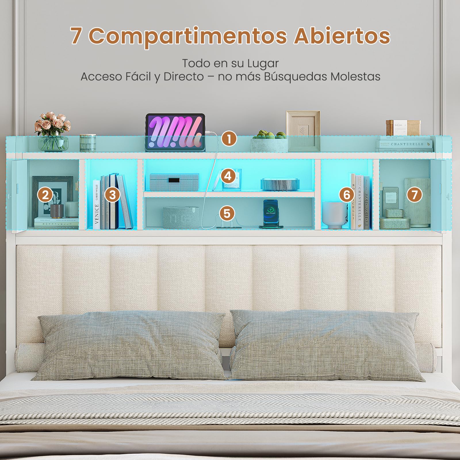 AGOLLATI Camas Matrimoniales 140x190 con Estación de Recarga y LED, Cama Canapé Hidráulica，Estructura Cama Cabecero Tapizado con 7 Compartimentos de almacenaje, Somier de Láminas de Madera, Blanco