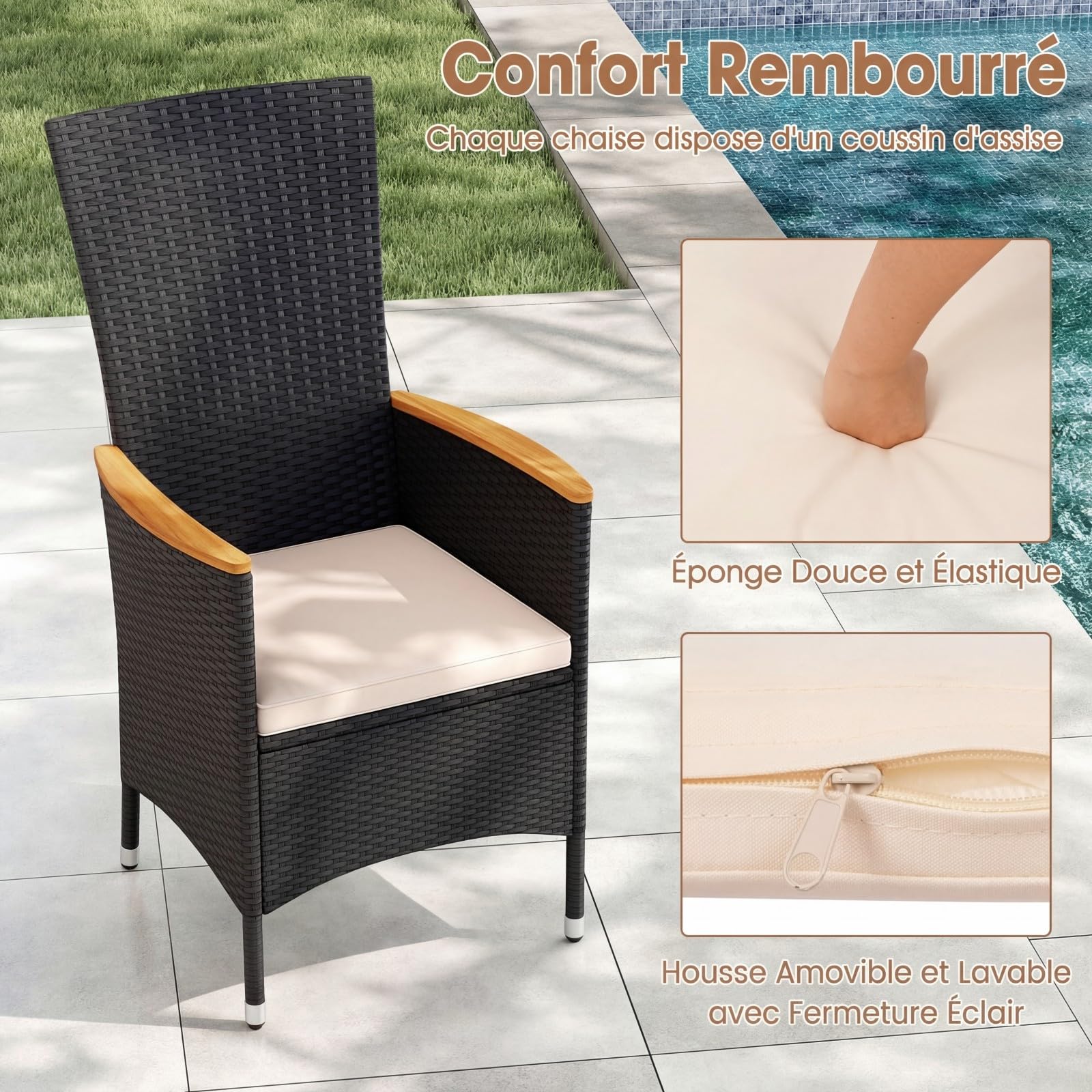 COSTWAY Lot de 2/4 Chaises de Jardin en Rotin, Fauteuil de Jardin, avec Coussin, Accoudoir, Coussinet de Pied Réglable, Salon de Jardin Extérieur 2/4 Personnes, pour Patio, Balcon, Cours (4)