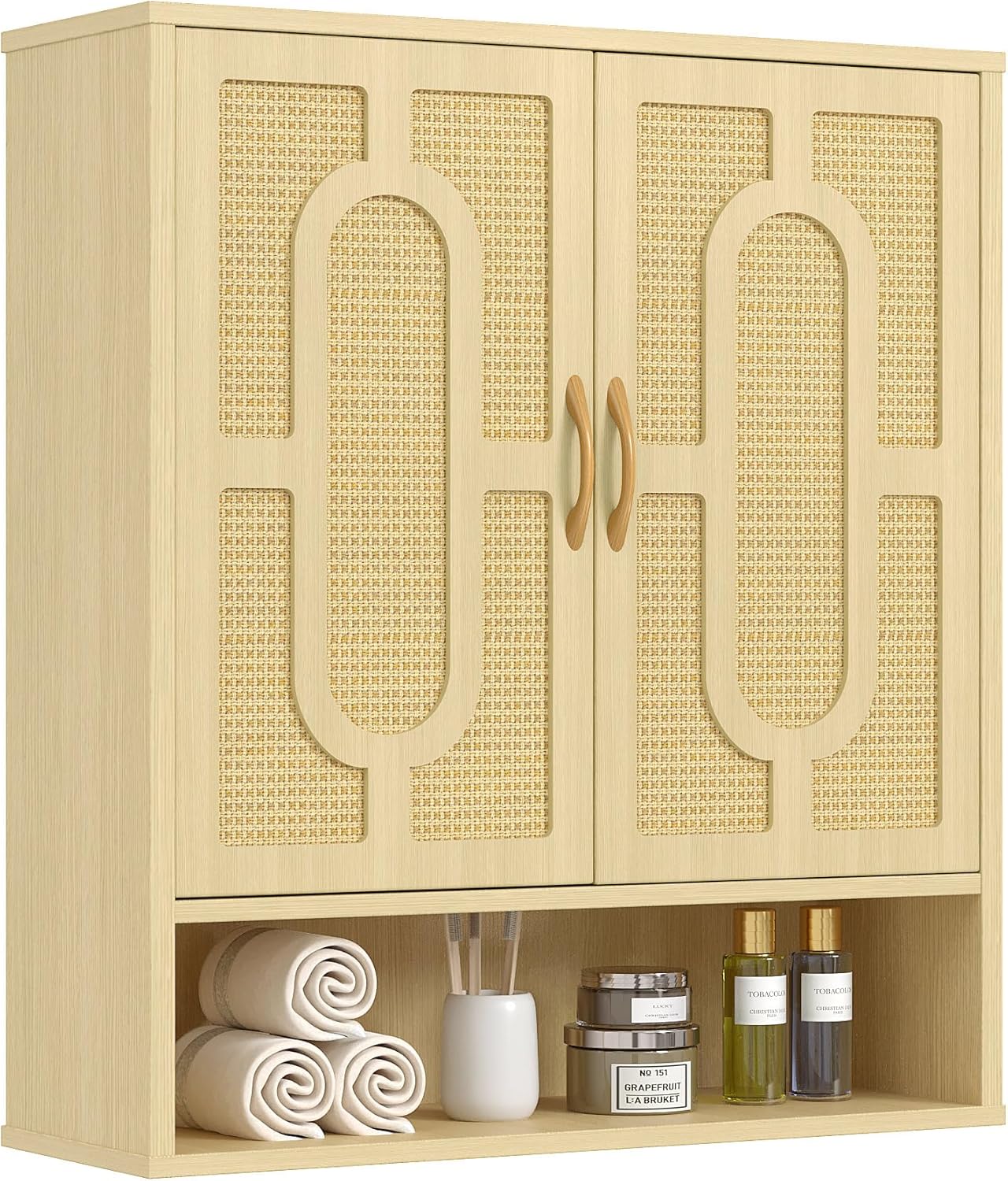 VECELO Rattan Bathroom Wall Cabinet, Medicine Cabinets with Adjustable Shelves, Wall Mounted Above Toilet Storage Organizer for Bathroom, Kitchen, Entryway