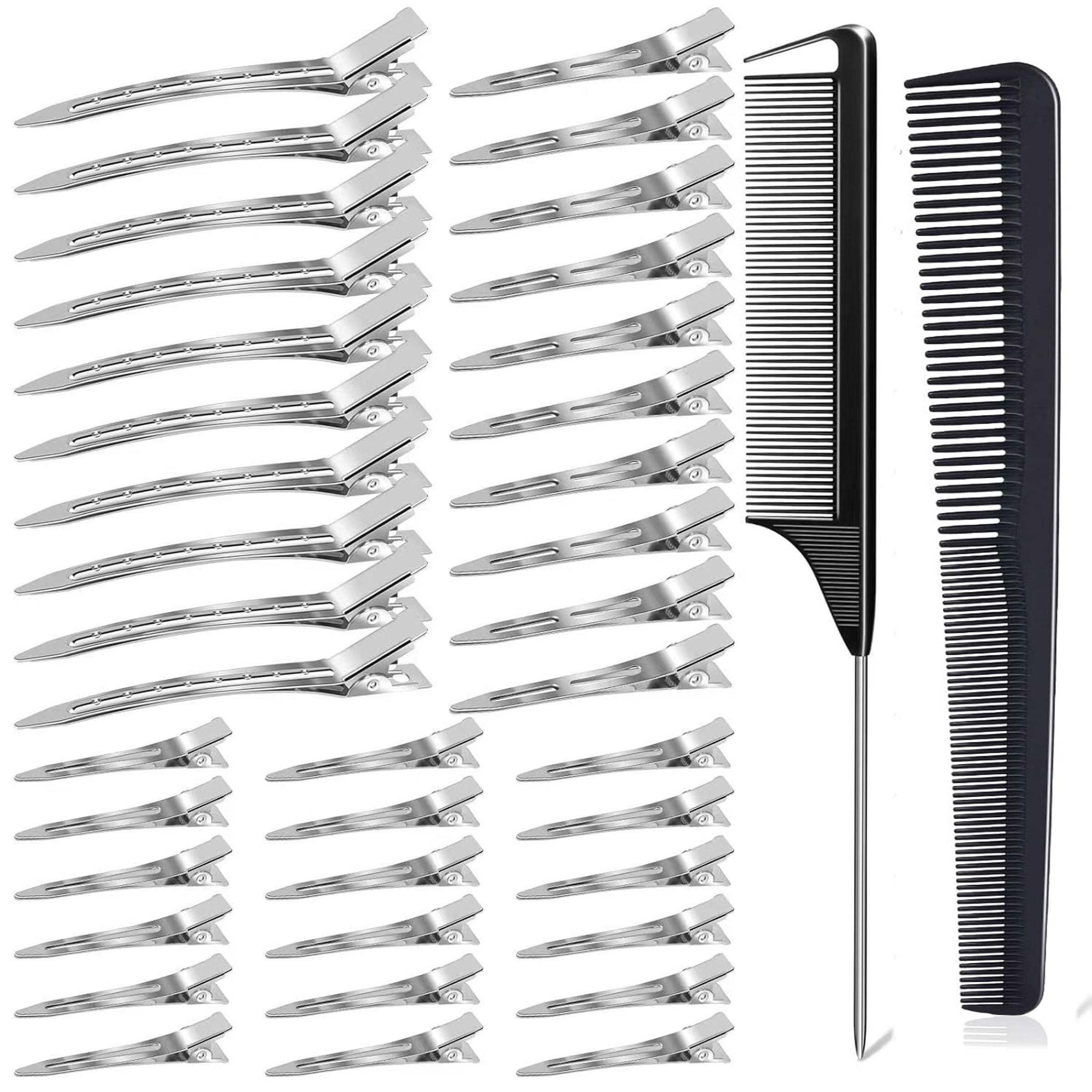 90Pcs Metal Duck Billed Hair Clips,curl clips with 1pcs Rat Tail Comb and 1pcs Hair Dressing Combs Sliver Alligator Hair Clips for Salon, Styling Sectioning,Doing Makeup 3 Sizes Roller Clips.
