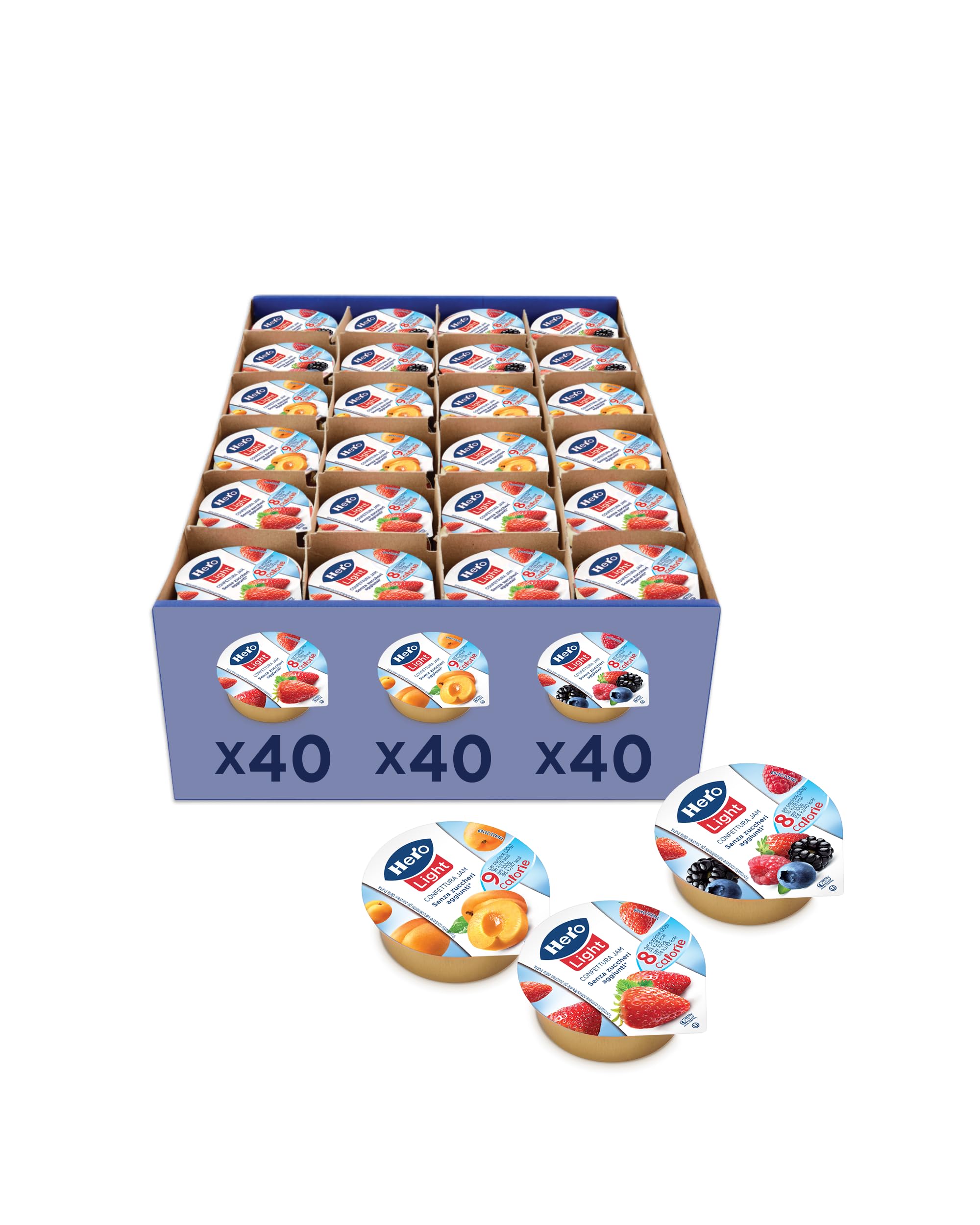 Hero Confettura Light Gusti Assortiti Albicocche, Fragole, Frutti di Bosco, Confezione da 120 Porzioni in Alluminio da 20g, Frutta di Alta Qualità, Senza Conservanti e Senza Coloranti