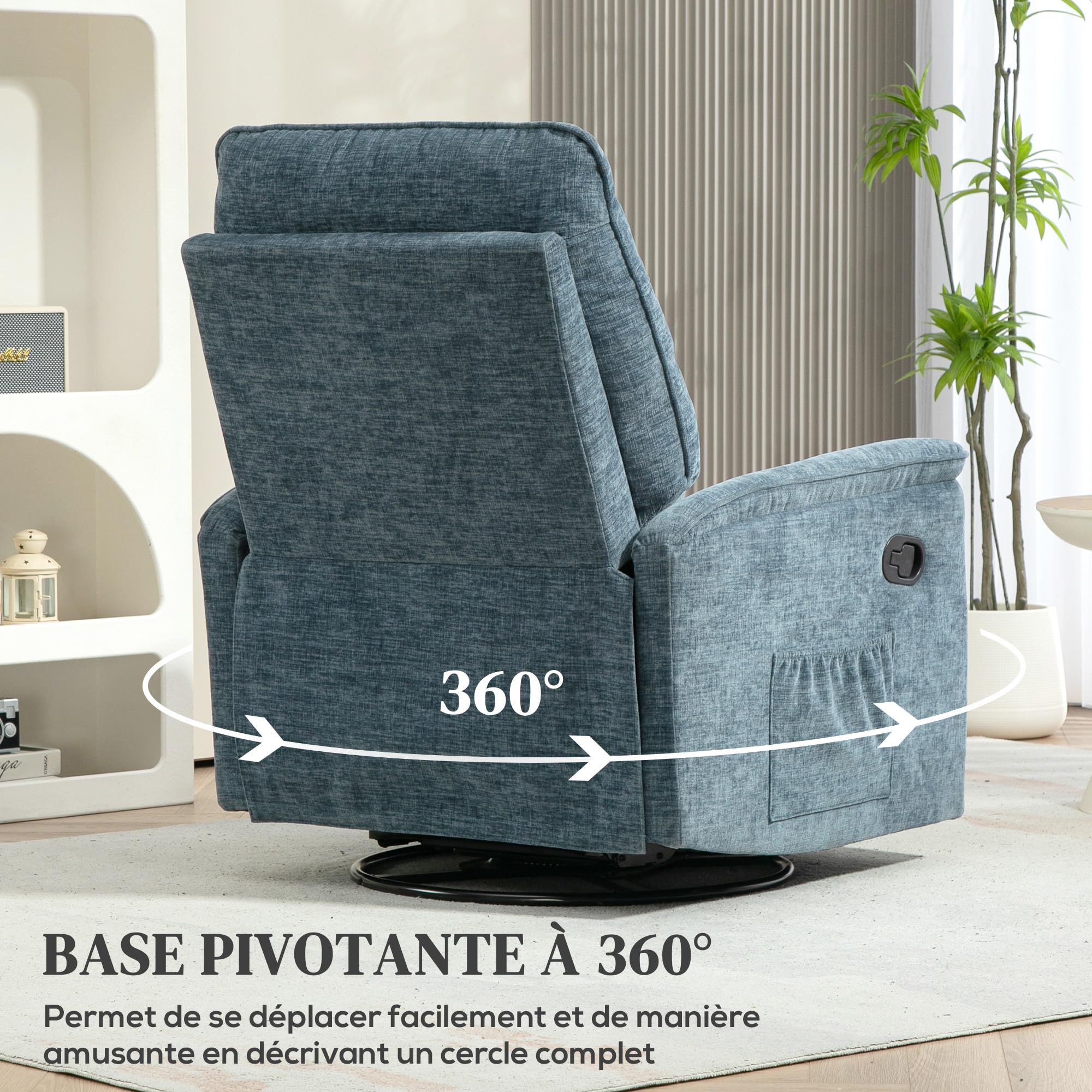 HOMCOM Fauteuil Inclinable Salon - Fauteuil de Relaxation avec Repose-Pieds rétractable, Dossier réglable Manuel, Fonction à Bascule et pivotant, pour Chambre Bureau Home cinéma, Bleu