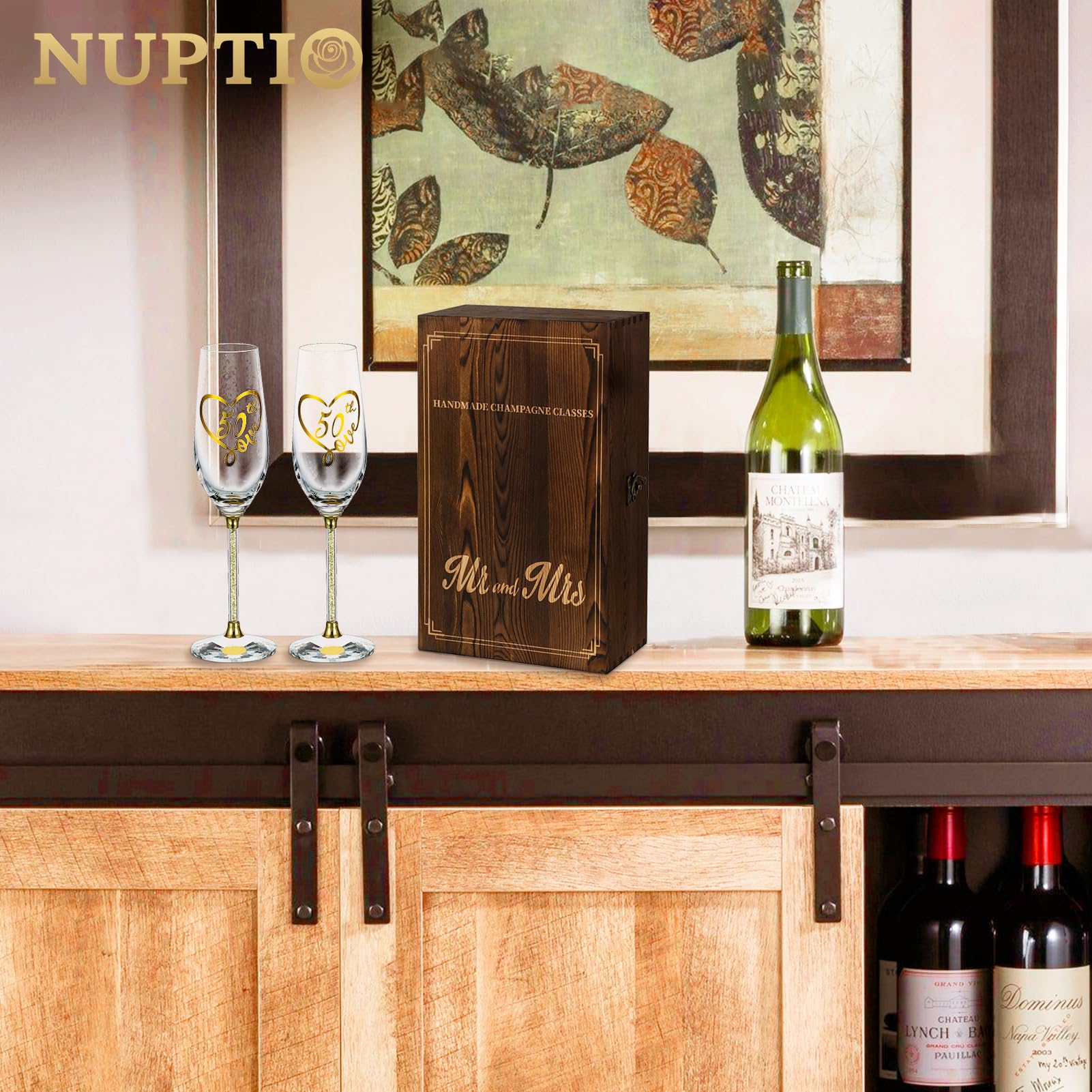 NUPTIO 50th Anniversary Wedding Gifts: Set of 2 Gold Champagne Flutes with Wooden Box for Couple Parents Friend Women Crystal Glasses Gift - Image 4