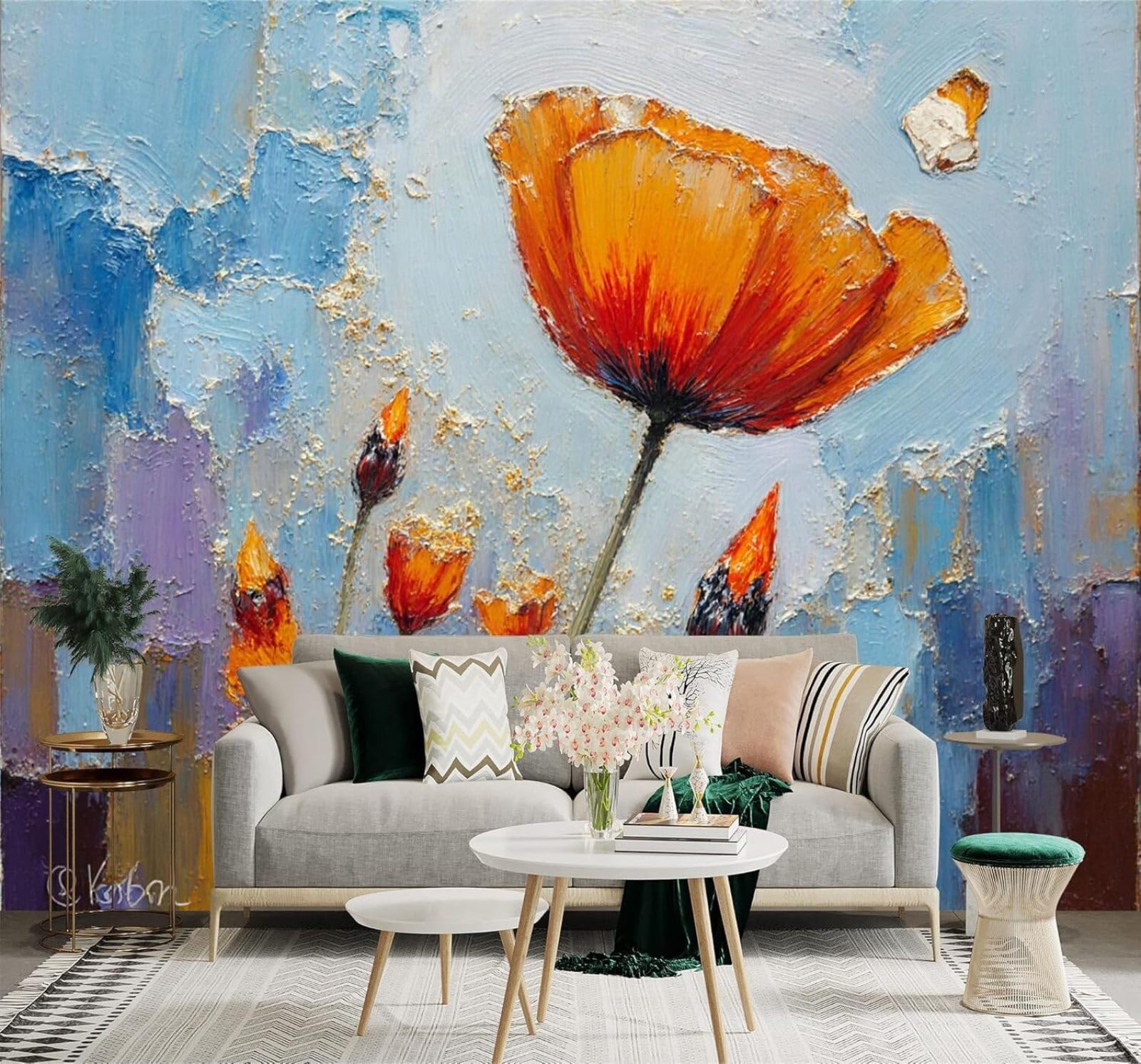 XLMING Hand Drawn Orange Flowers Abstract Blue Art 3D Wallpaper Silky Texture Home Study Office Grey Dining Room Sofa Bedroom Living Room TV Backdrop-350cm×256cm