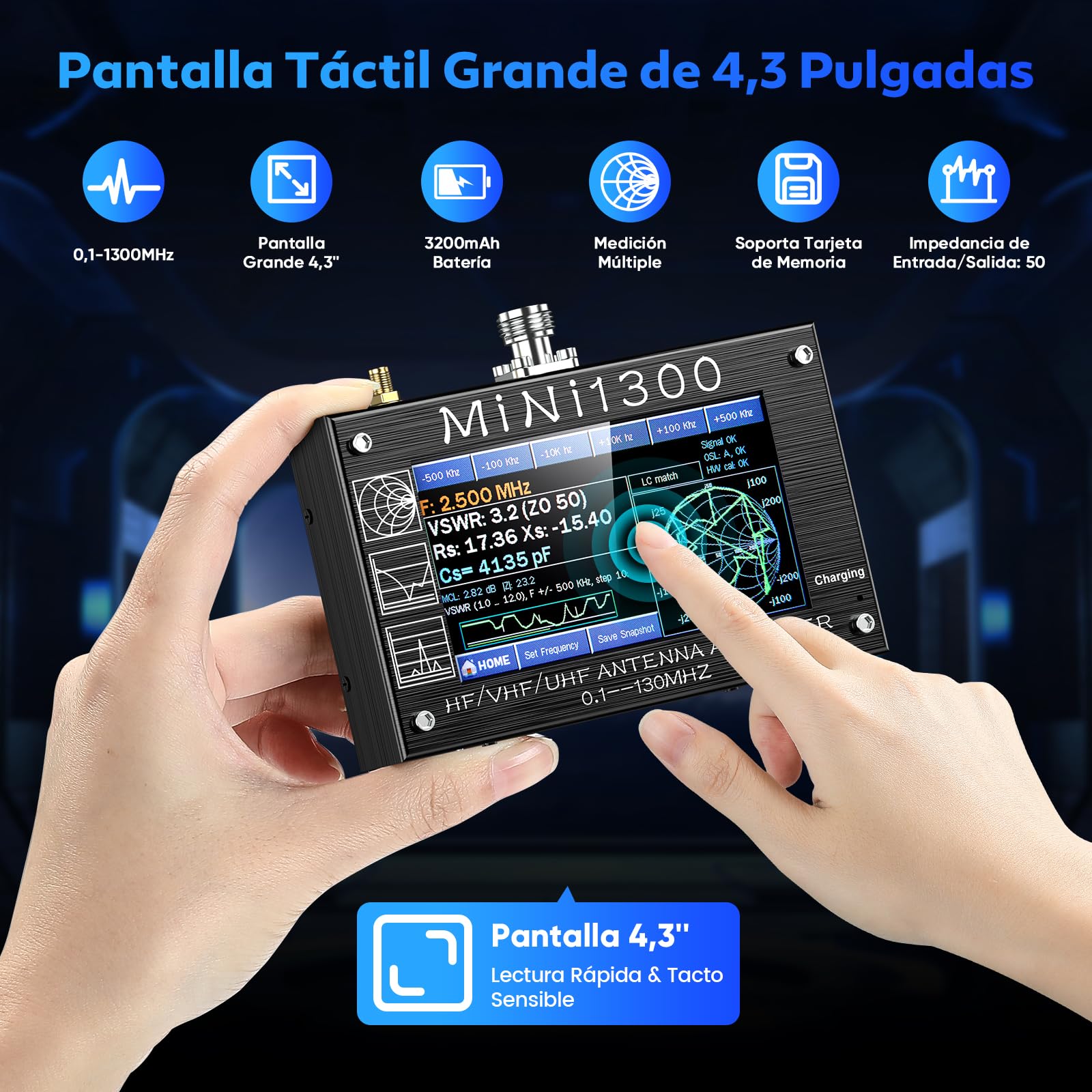 Seesii Analizador de Antenas Mini1300, Analizador Vectorial de Redes 4,3'' 0.1-1300MHz HF VHF UHF 2023 Actualizado, Generador de Señal con Kit Calibración SMA para ANT/SWR/TDR/DSP RF