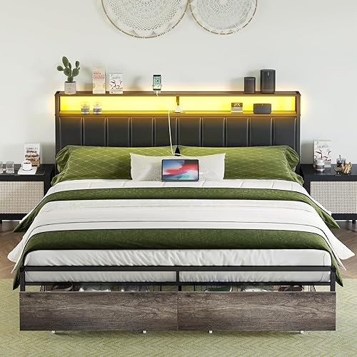 AMERLIFE LED Bed Frame with Drawers, King Platform Bed Frame with 2-Tier Storage & Leather Upholstered & Charging Station Headboard, No Box Spring Needed, Noise Free, Easy Assembly, Rustic Grey