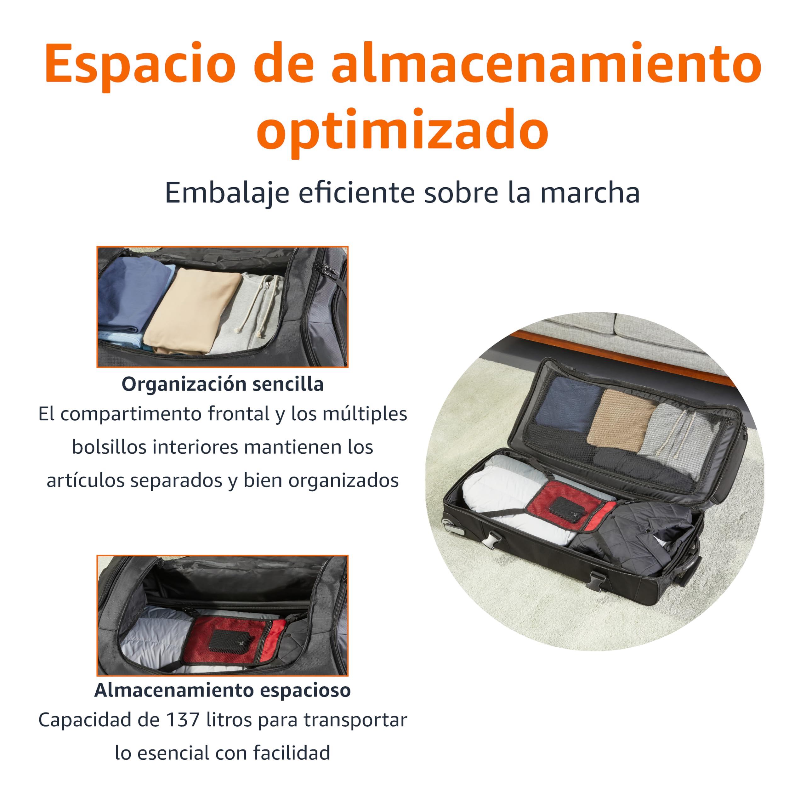 Amazon Basics Bolsa de Viaje con Ruedas,Grande (89 cm, 137 litros),Trolley Ligero y Duradero en Tela Ripstop,de Gran Capacidad y con Asa Telescópica,Ideal para Viajes,Trabajo y Ocio,Negro