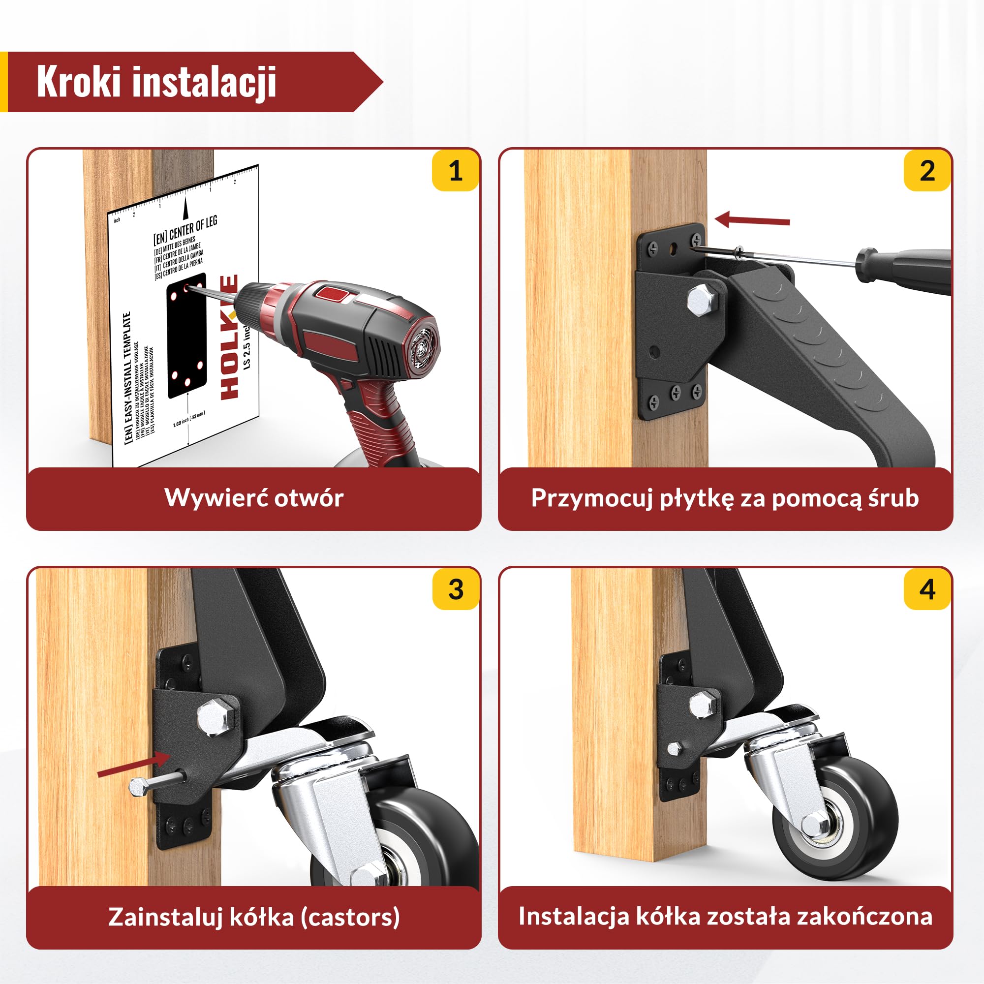 Zestaw 4 wytrzymałych kółek HOLKIE o udźwigu 408 kg – Opuszczane kółka transportowe do stołów warsztatowych i maszyn Wysokowydajne kółka obrotowe z płytą montażową do warsztatu i przemysłu
