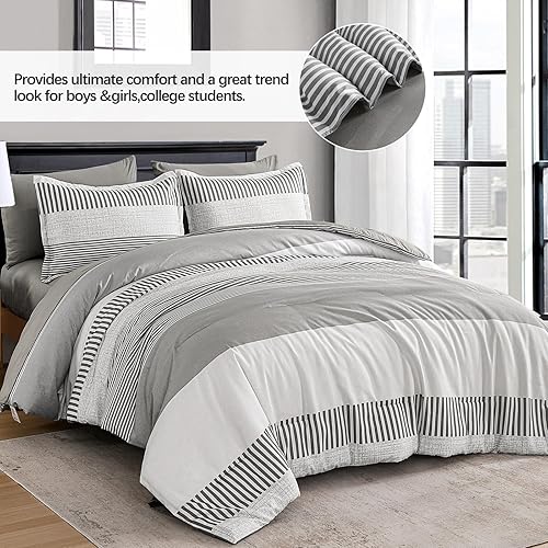 Miniatura 3 de Juego de edredón de tamaño matrimonial para dormitorio universitario, juego de edredón a rayas para niños, juego de edredón cómodo de estilo neutro