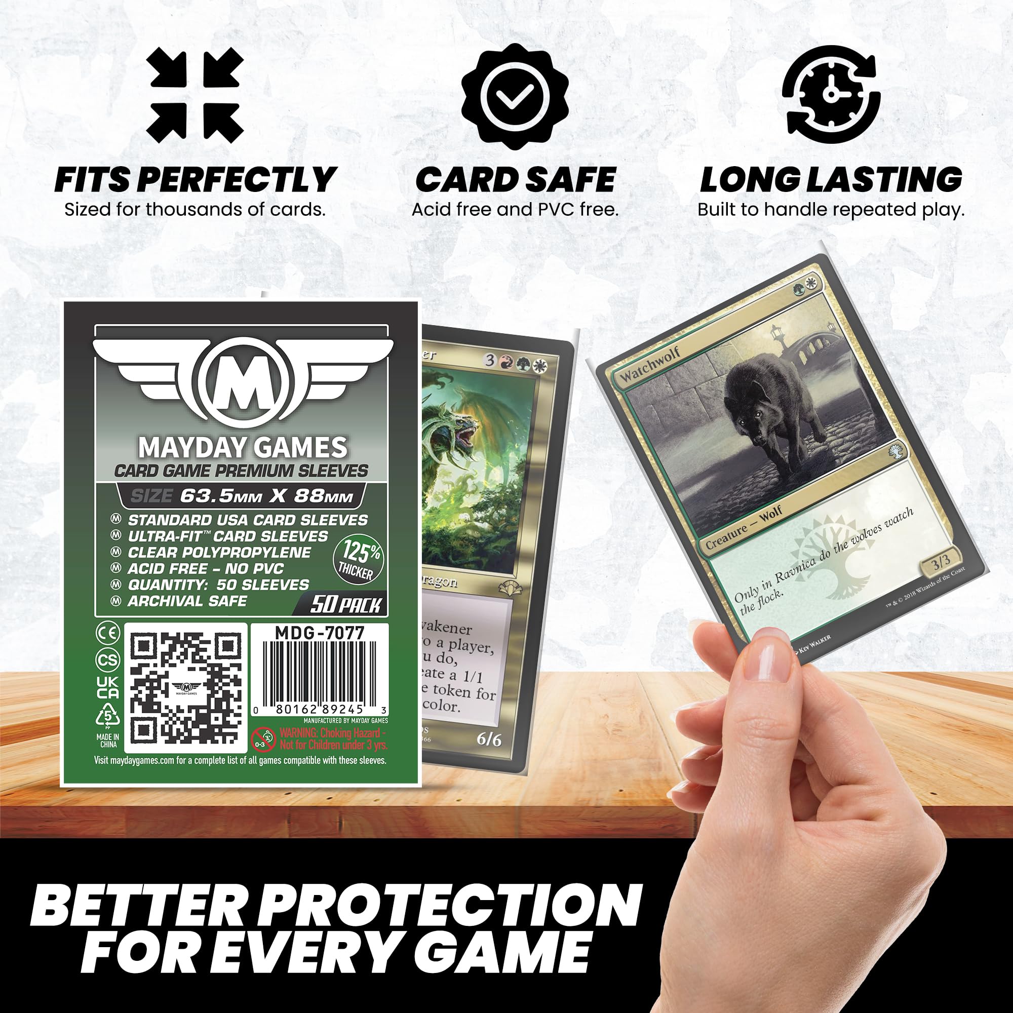 Amazon.com: MayDay Games Premium Card Sleeves – 50 Count, Clear 90 Micron  Thickness, Medium MTG Size (63.5 x 88 mm), Compatible with Magic: The  Gathering & More – SKU: MDG-7077 : Toys & Games