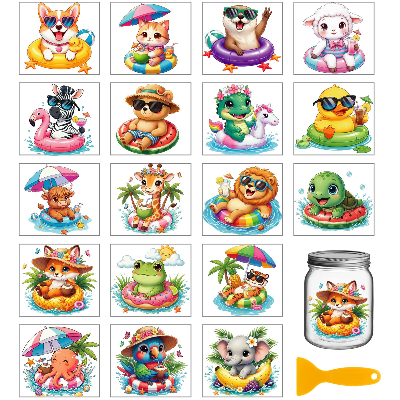GLOBLELAND 18 Sheets Summer Swimming Party Rub on Transfers Cat Dog Transfer Stickers Decals Ocean Swimming Rings Cartoon Animals Cup Stickers Decals for Furniture Vase Glass Bottle Table Decor