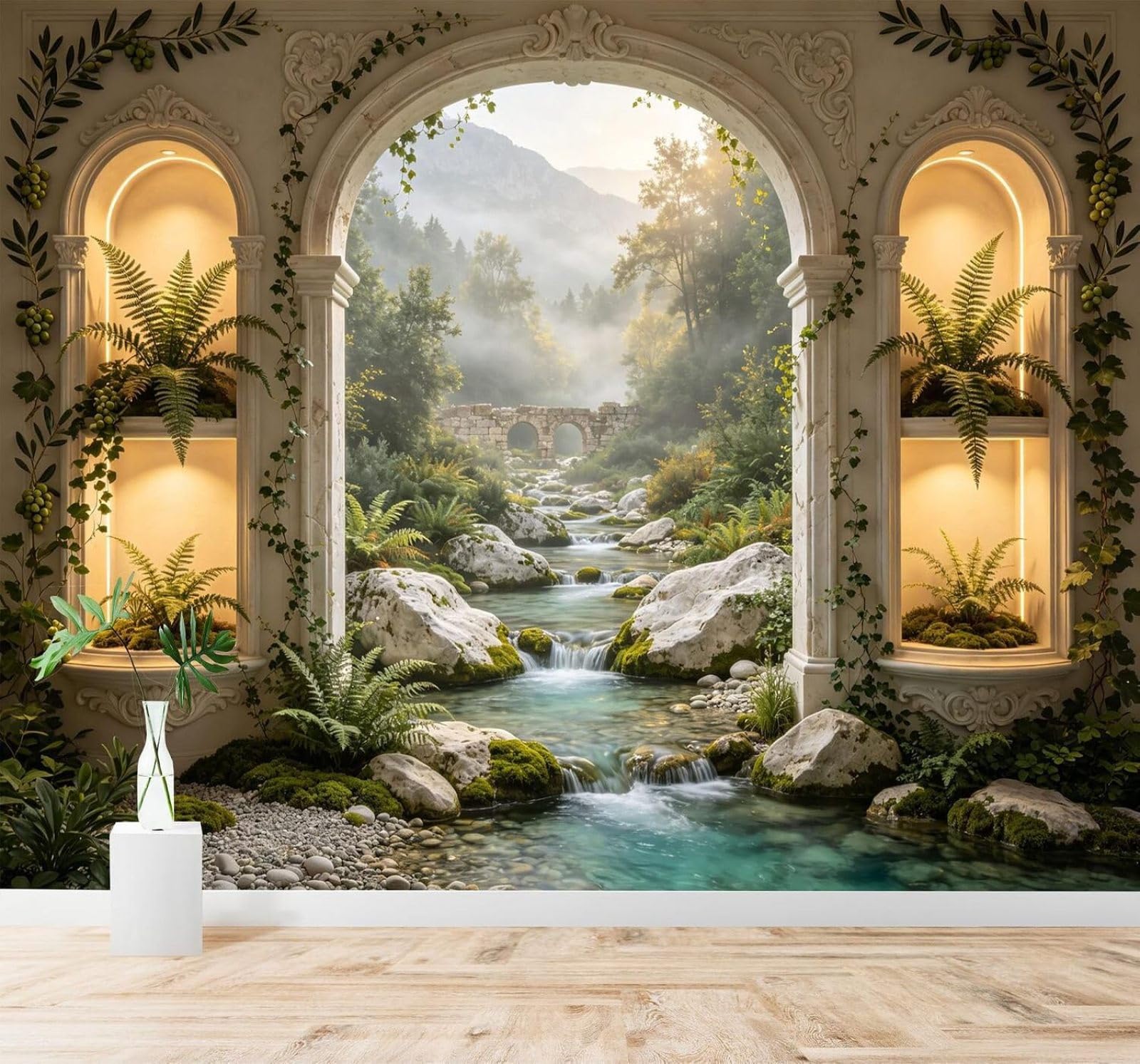 Carta da Parati 3D Archi Fiumi Ponti In Pietra Paesaggi Boschivi