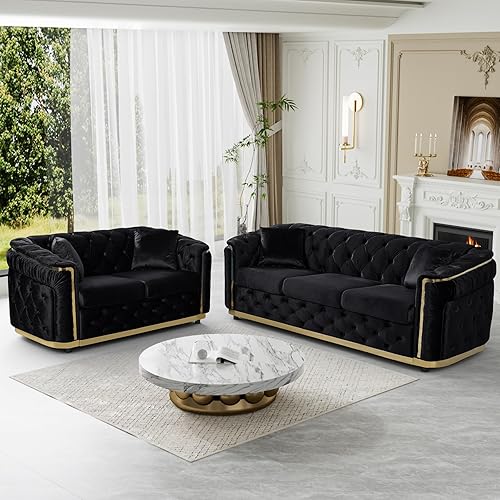 Miniatura 6 de Sofá Chesterfield de terciopelo, sofá negro y dorado de 62.5 pulgadas, sofás de lujo para sala de estar, sofá biplaza moderno de mediados de siglo,