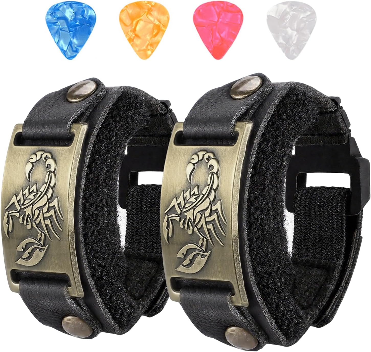 2PCS Rock-house Guitar String Mute Dampener, Guitar Mute Strap, Guitar Fret Wrap Muffler Cover Tape Noise Reducer, black Leather with Metal Totem Accent, scorpion（h xie）